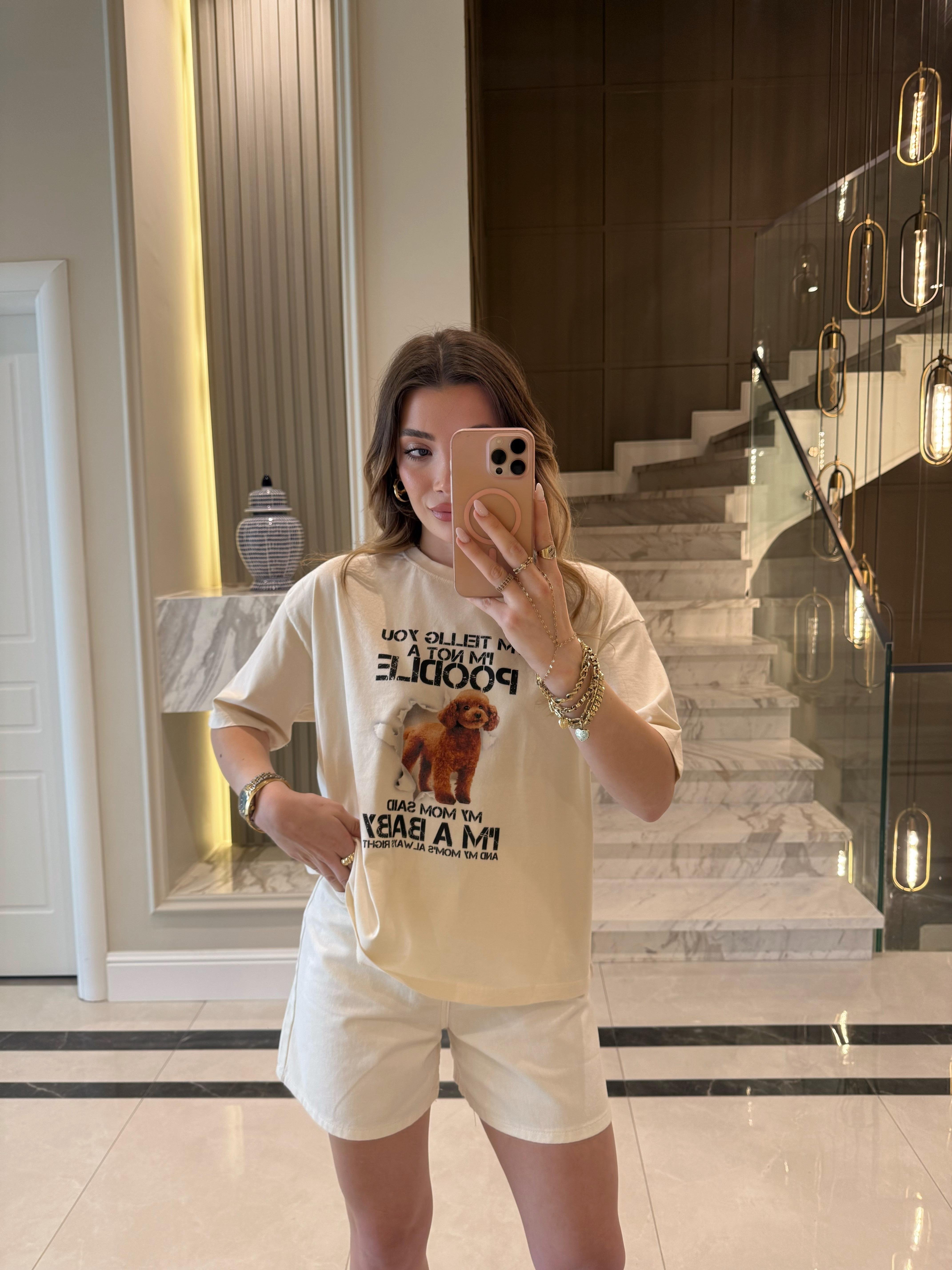 Ekru Poddle Baskılı Basic Tişört