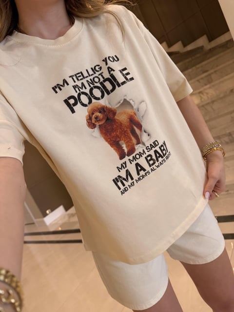 Ekru Poddle Baskılı Basic Tşört