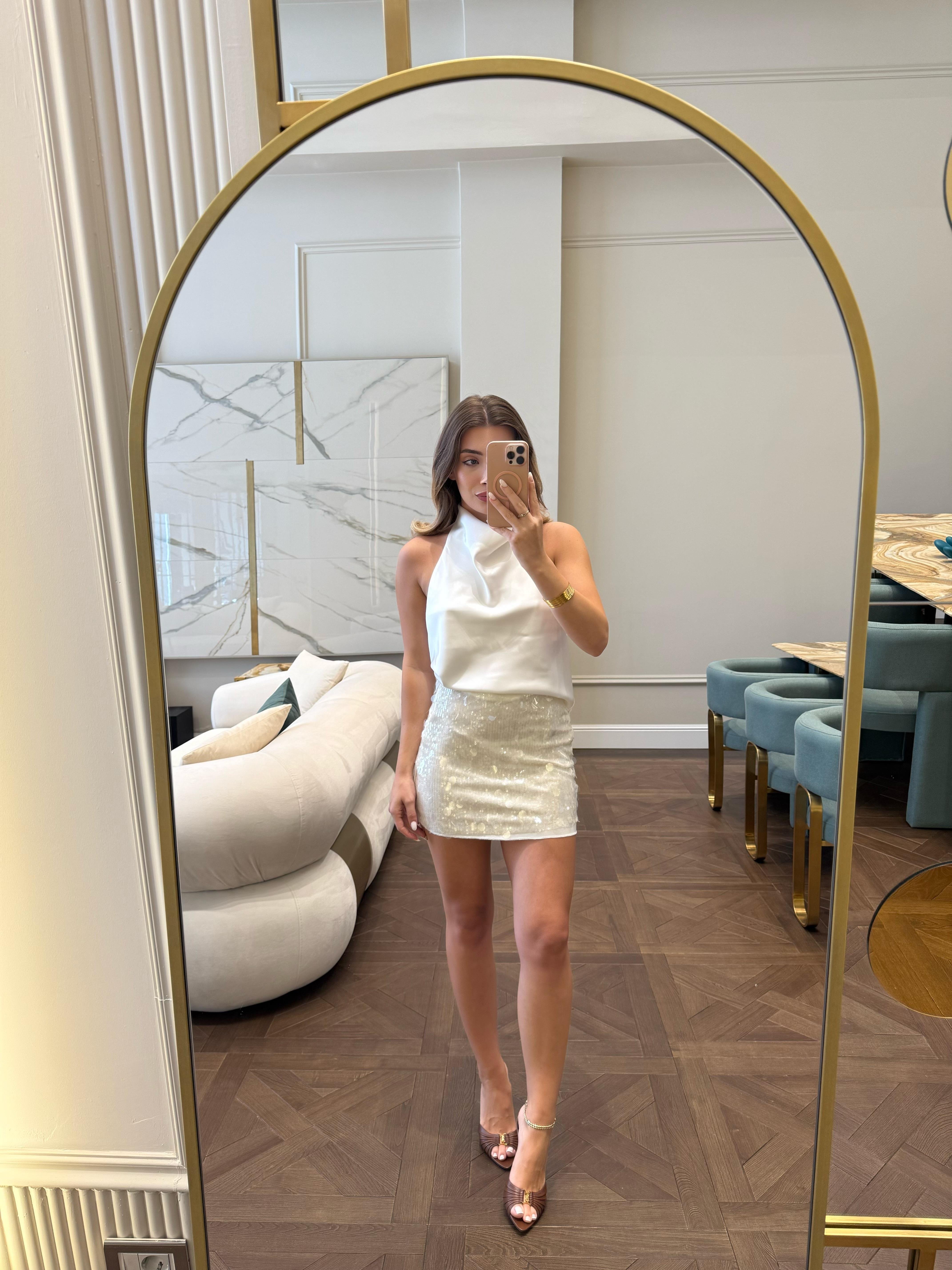 Ekru Pul Payet Mini Etek 