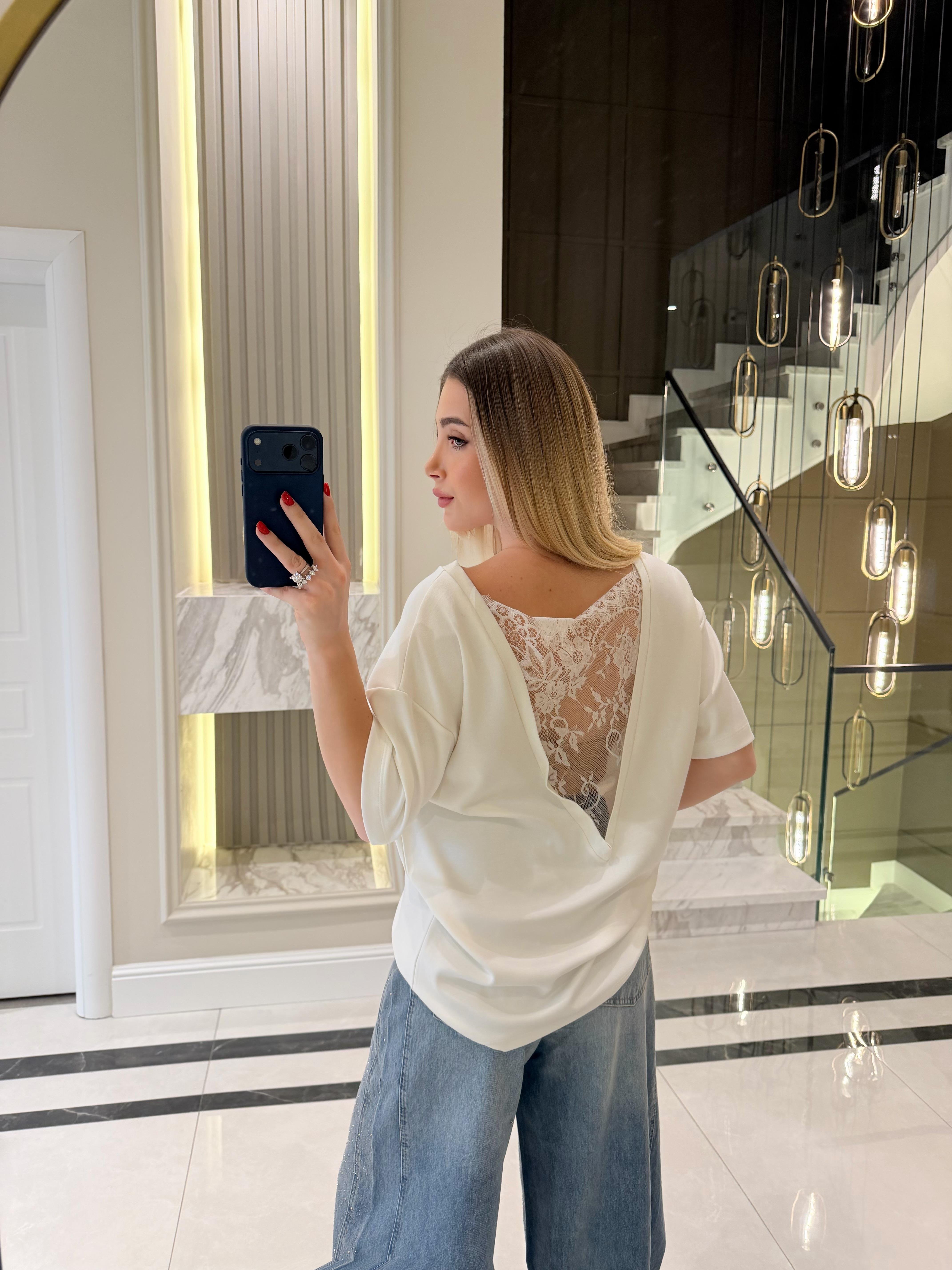 Ekru Sırtı V Dantel Detaylı Kısa Kollu Tshirt-1050