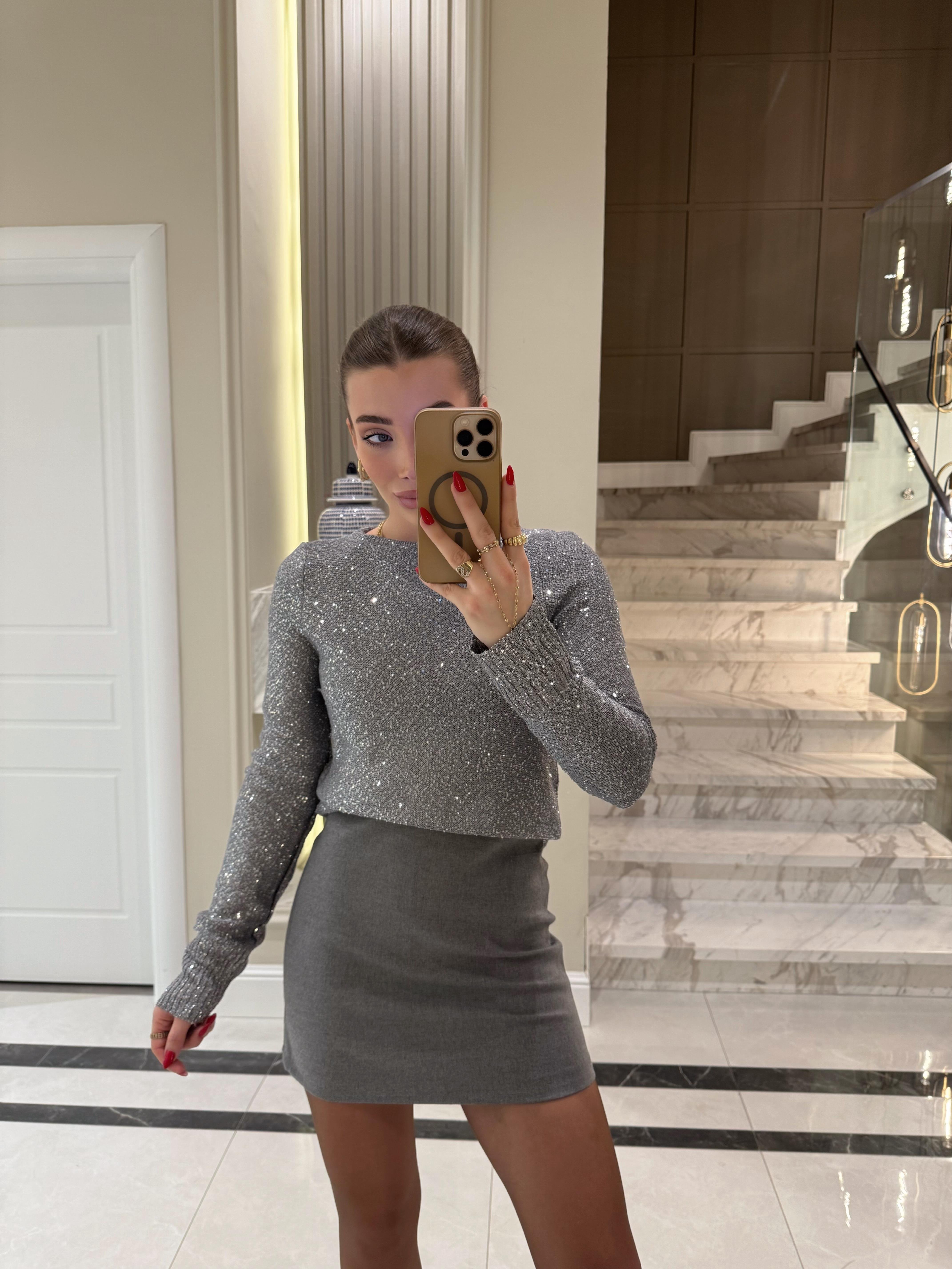 Füme Bisiklet Yaka Pullu Astarlı Triko -10699