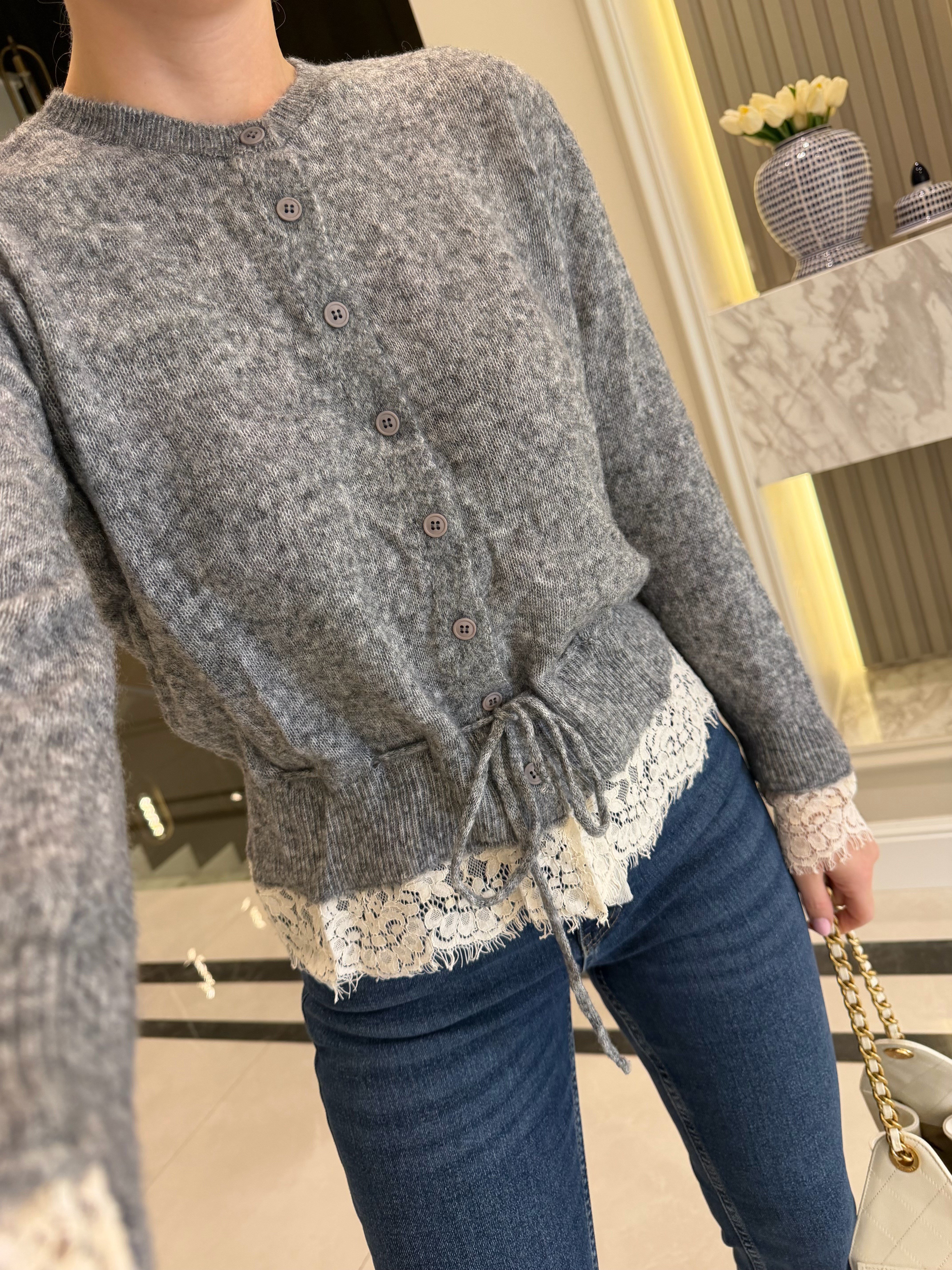 Füme Dantel Detaylı Beli Bağcıklı Triko Hırka - 1085