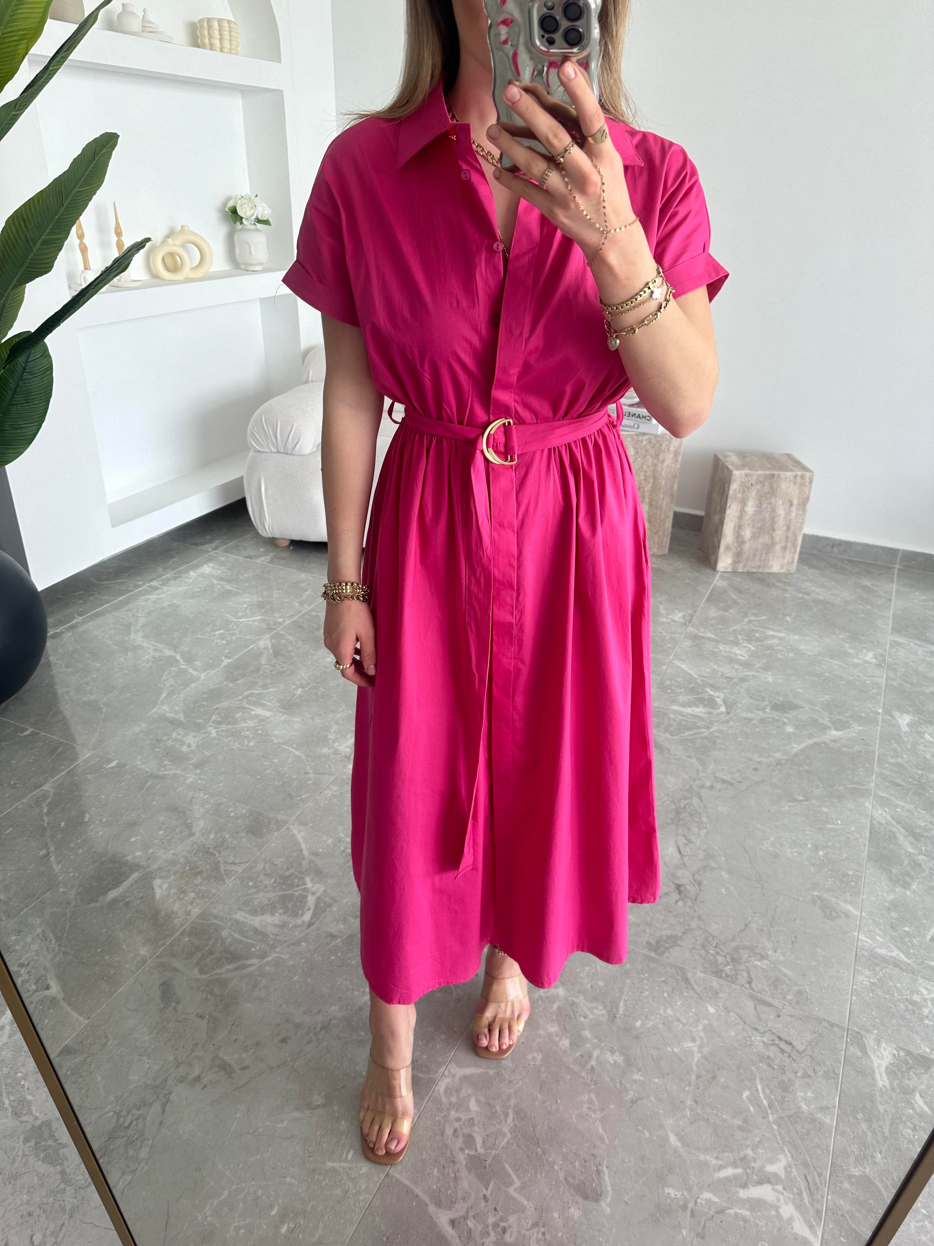 Fuşya Beli Kuşaklı Midi Boy Poplin Elbise