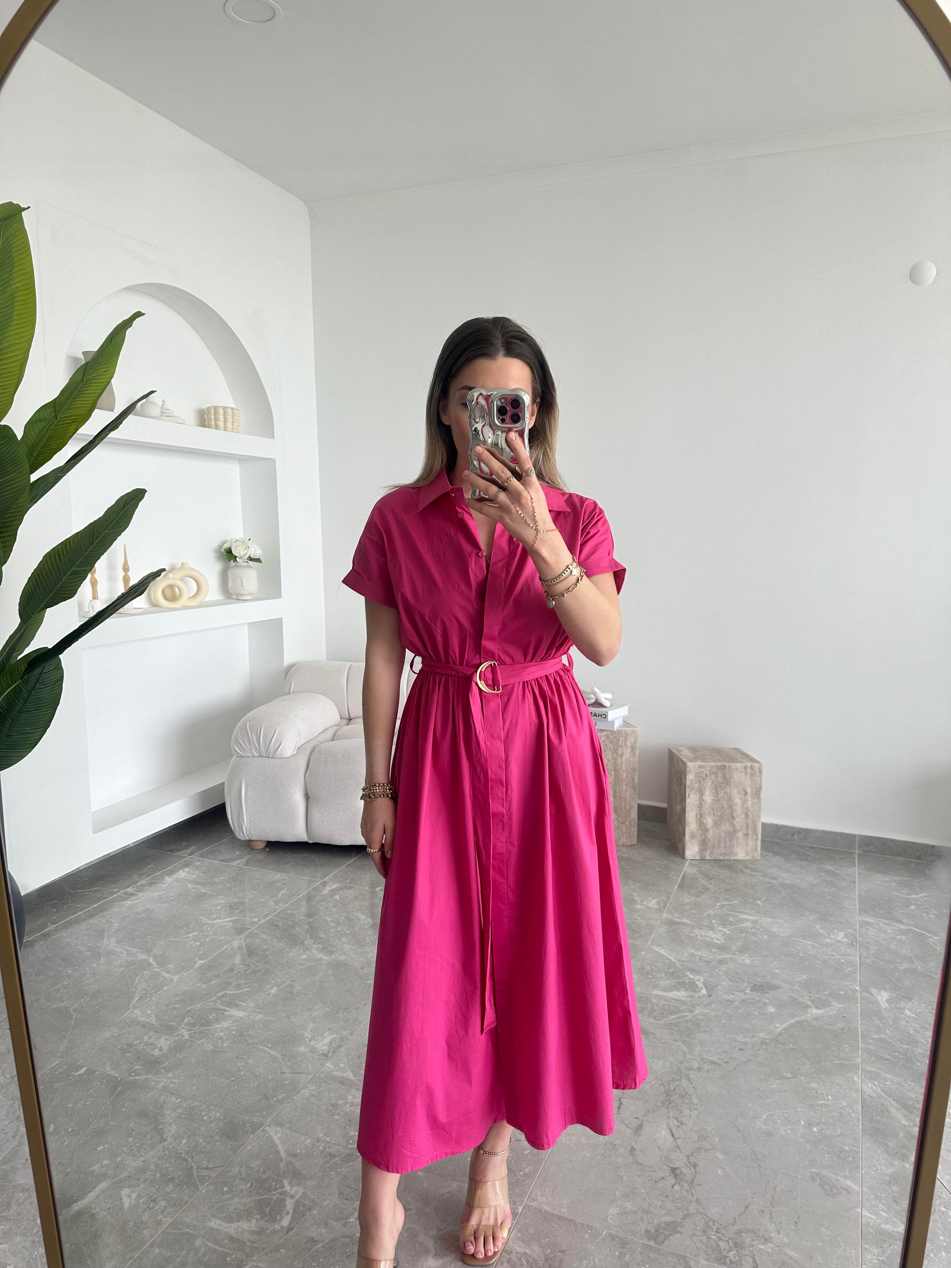 Fuşya Beli Kuşaklı Midi Boy Poplin Elbise