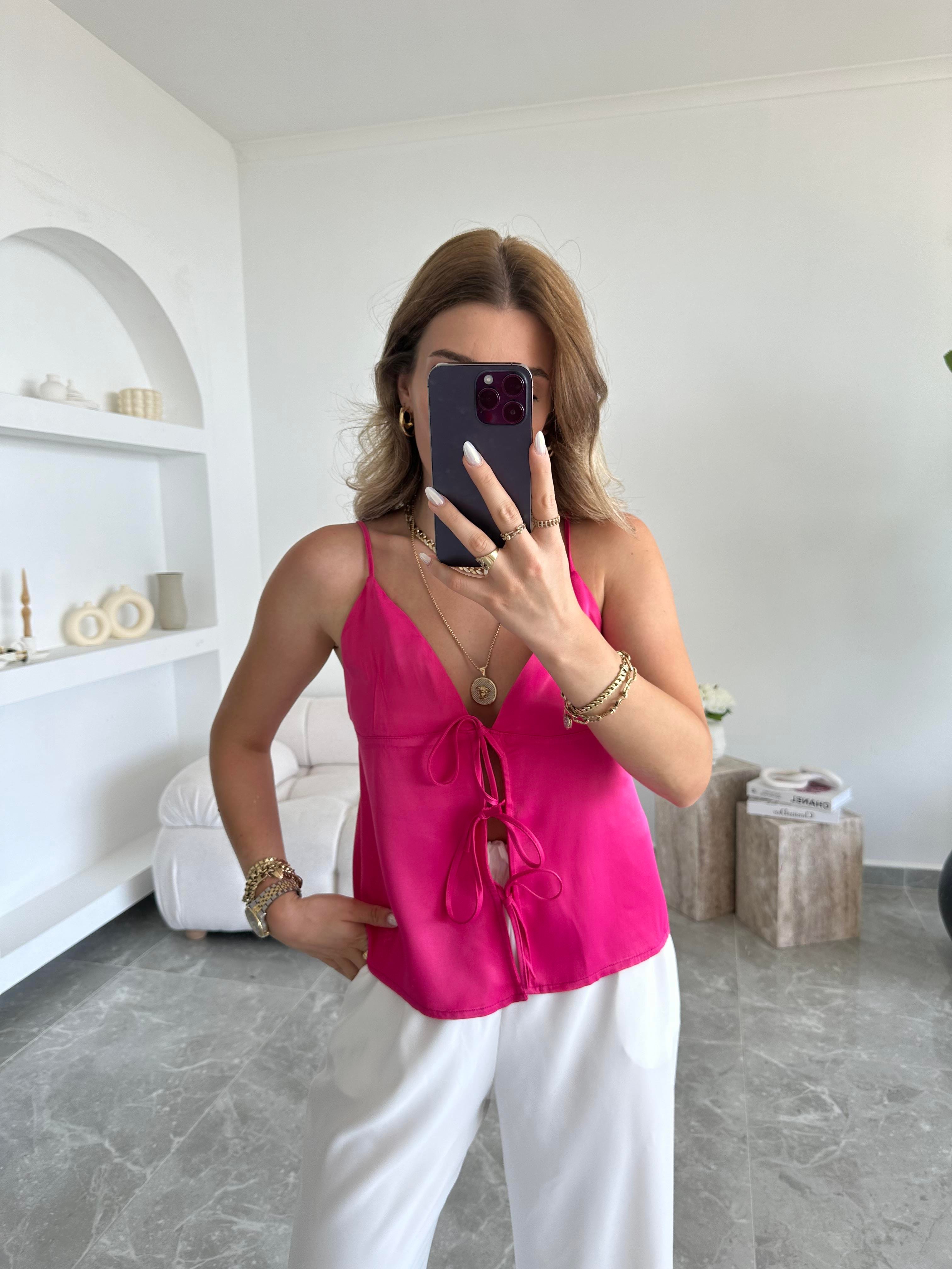 Fuşya Saten Marka Model Askılı Bluz