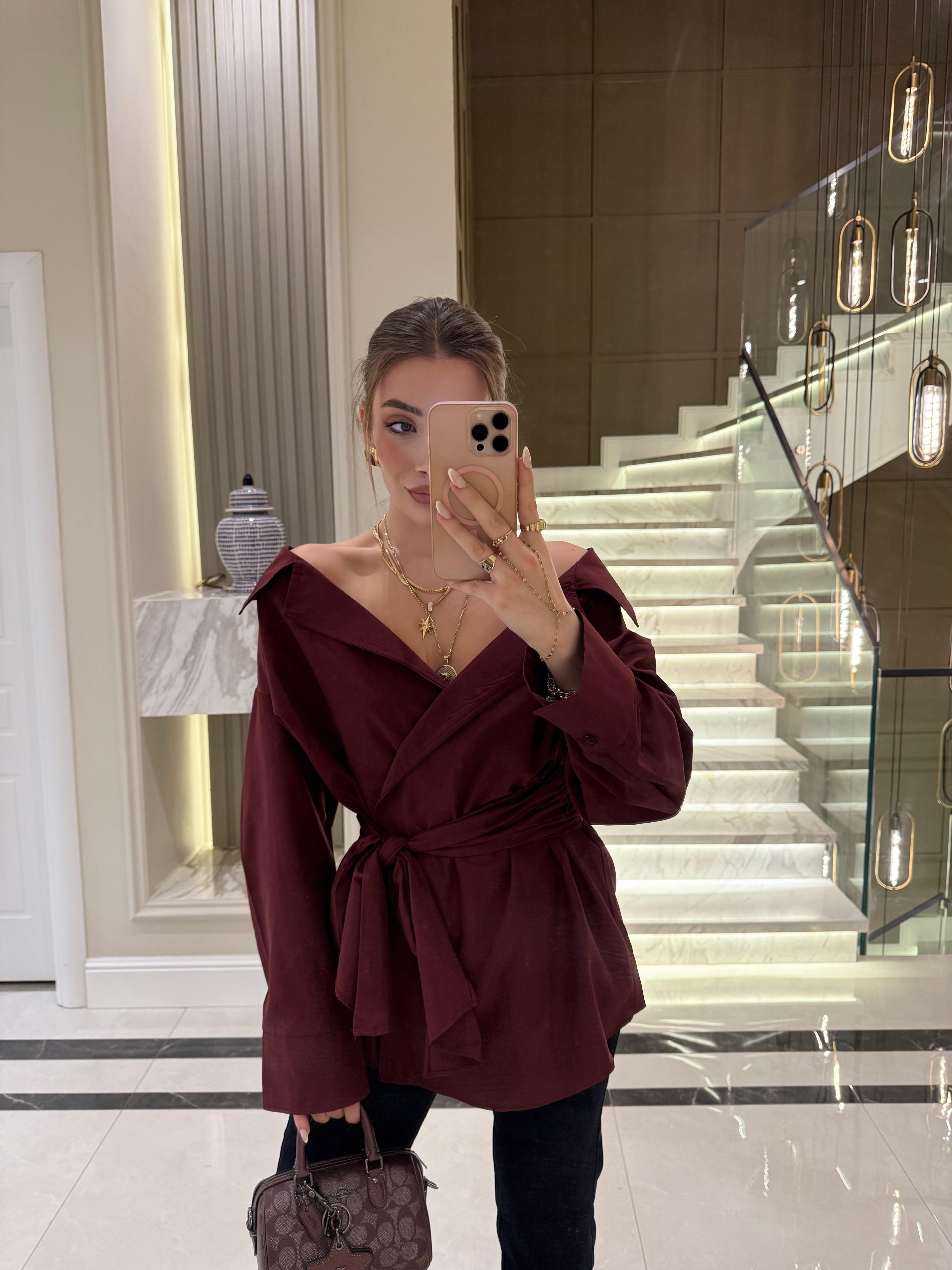FW- Bordo Önü Bağlamalı Poplin Gömlek