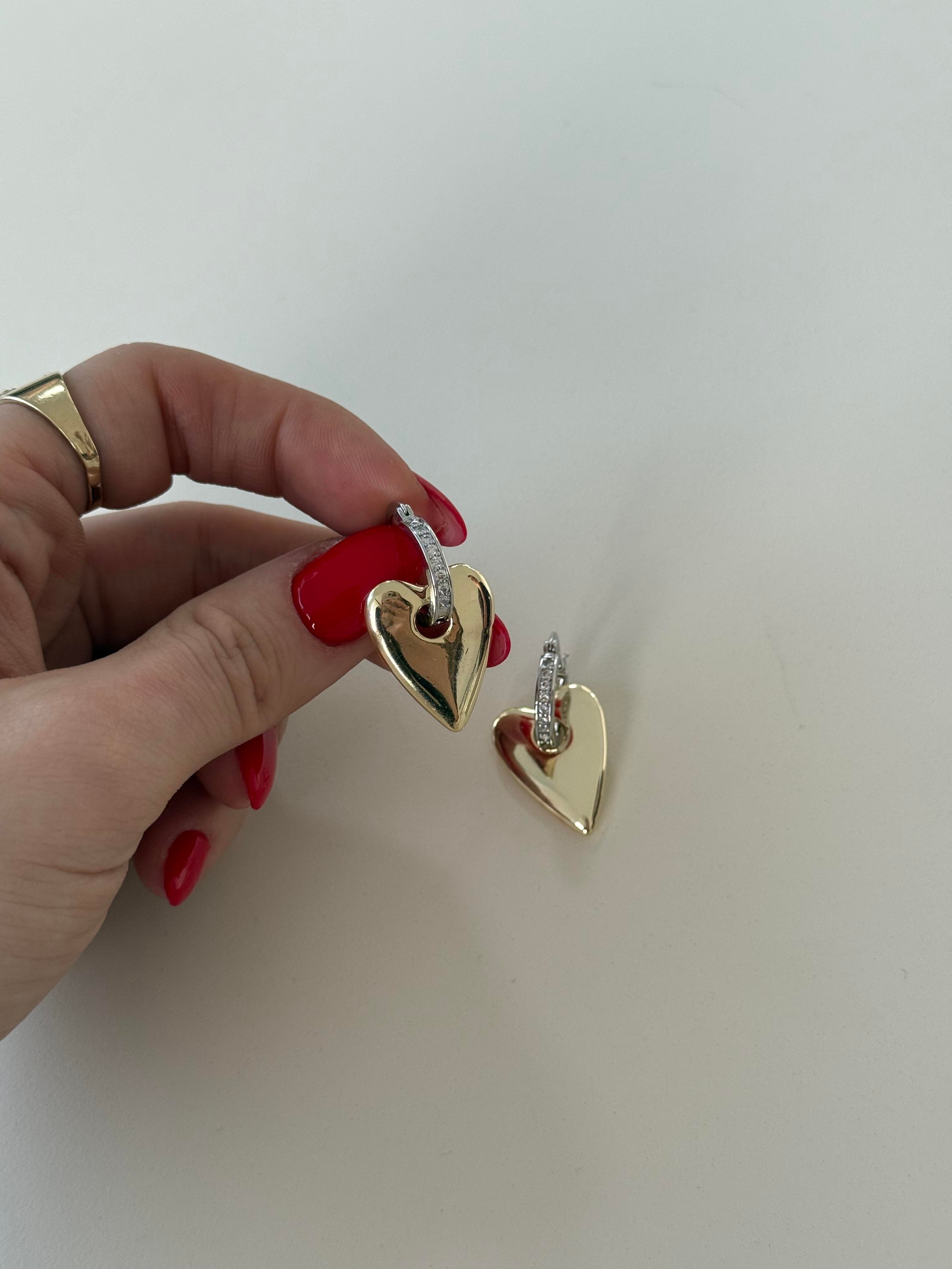 Gold -Gümüş Taşlı Kalpli Küpe 