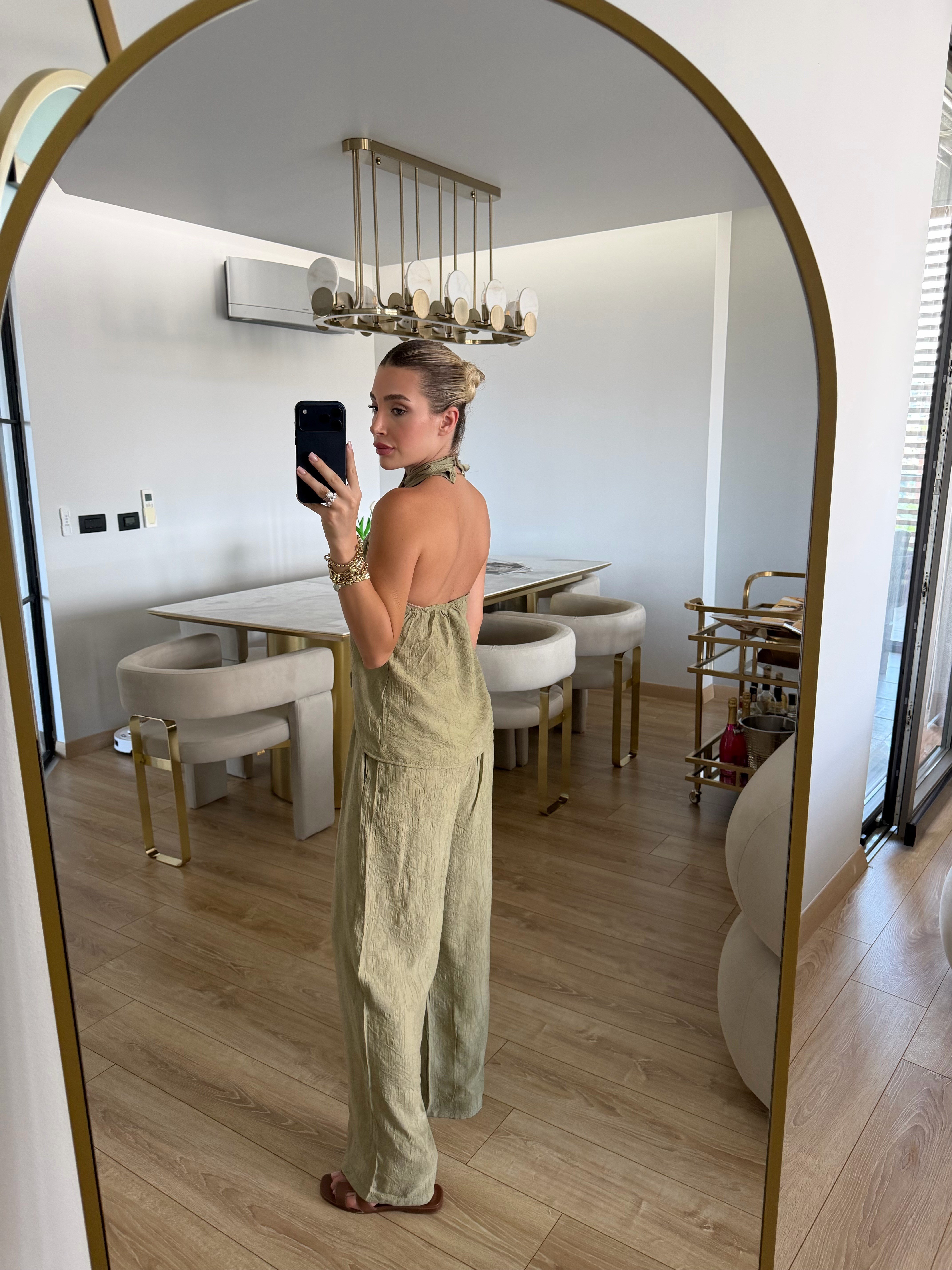 Haki Boyundan Geçmeli Bluz Pantolon İkili Takım-0979