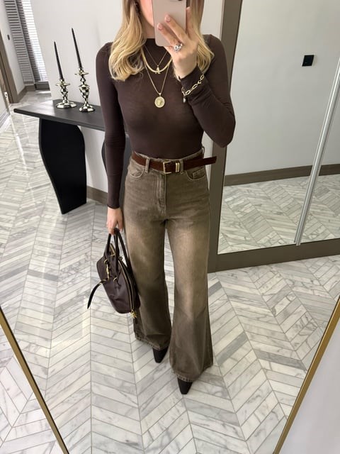 Haki Kemerli Denim Palazzo Jean - 1021