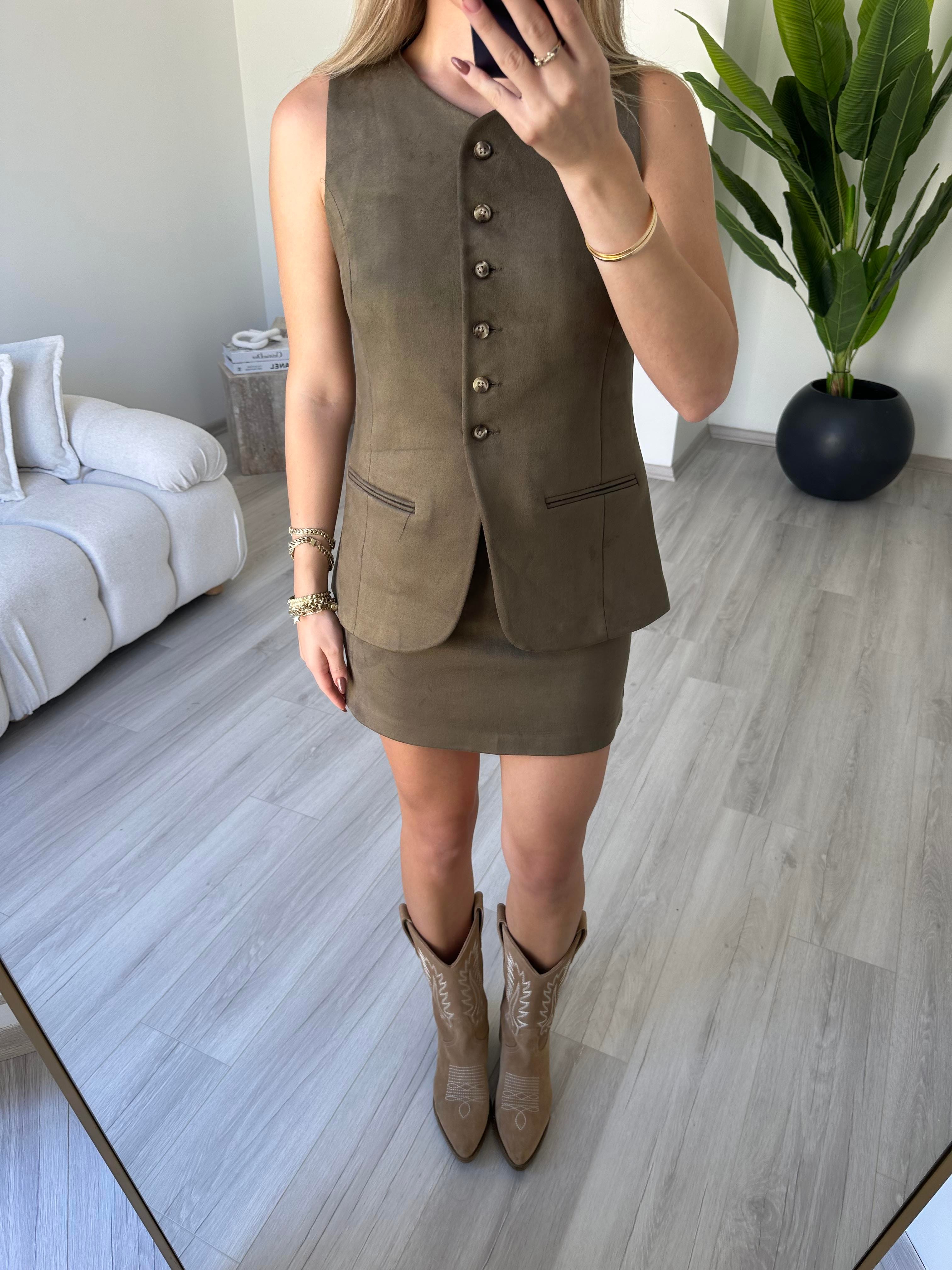 Haki Süet Mini Etek 