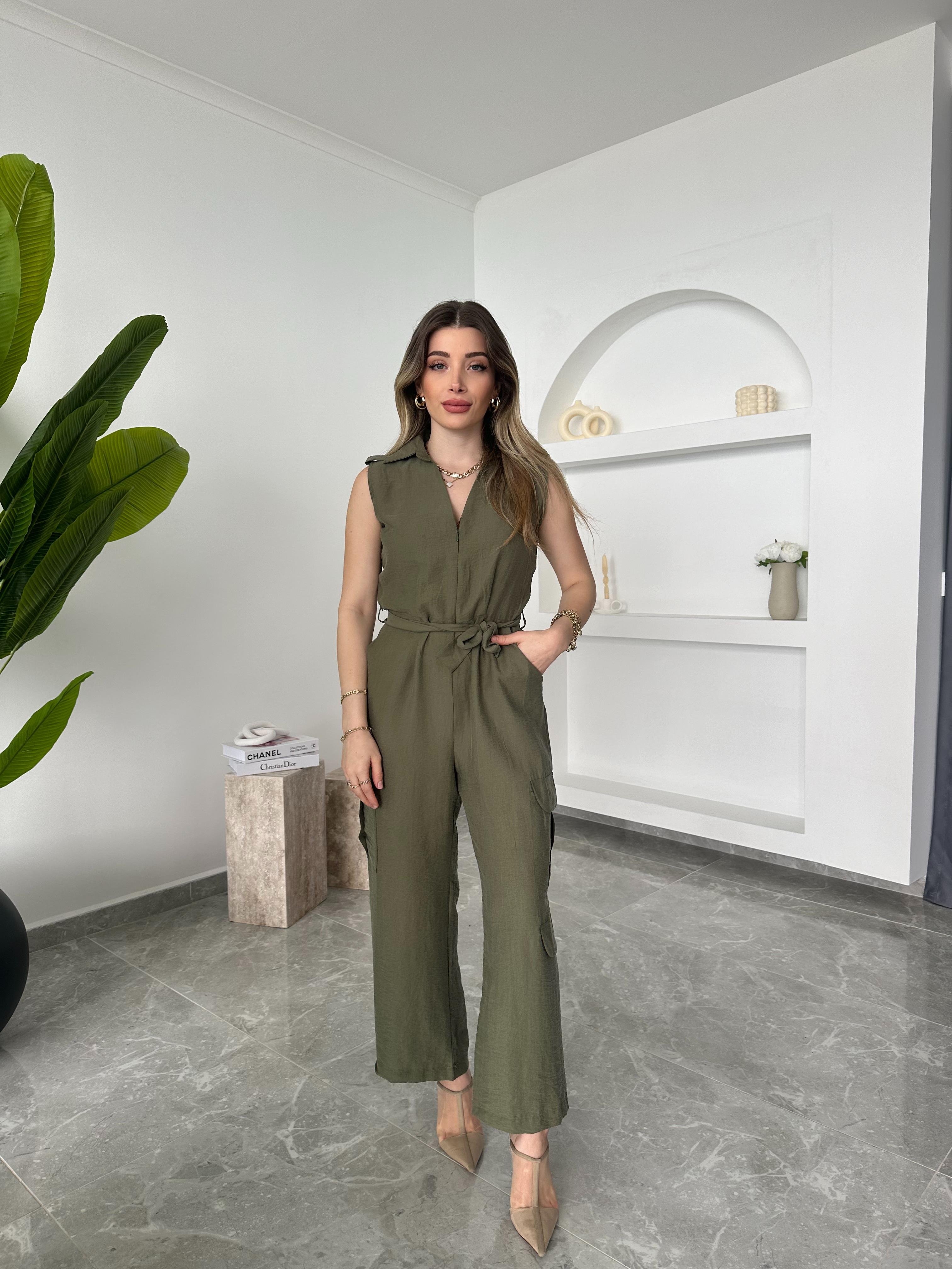 Haki Yakalı Kargo Cepli Marka Model Tulum