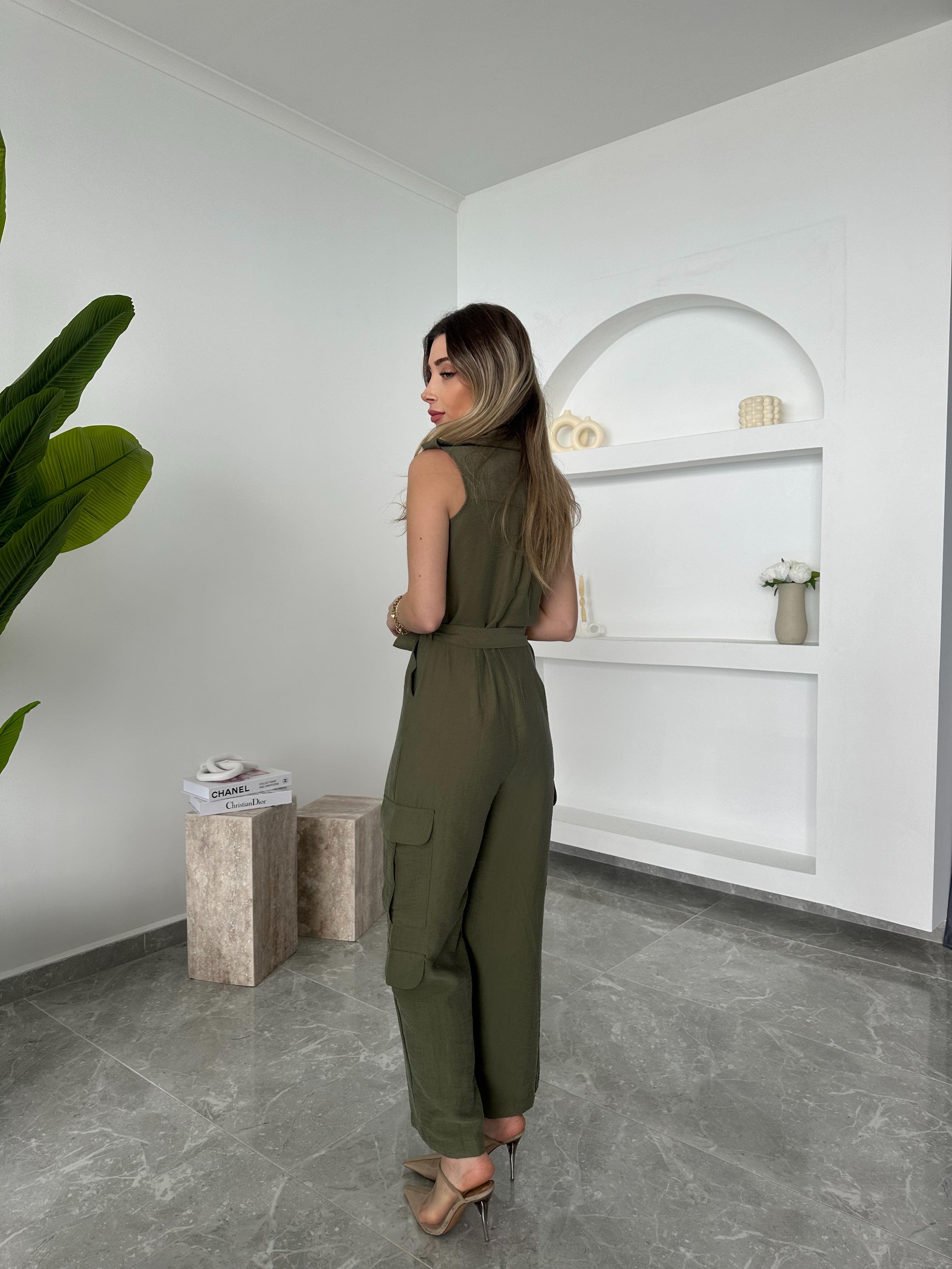 Haki Yakalı Kargo Cepli Marka Model Tulum