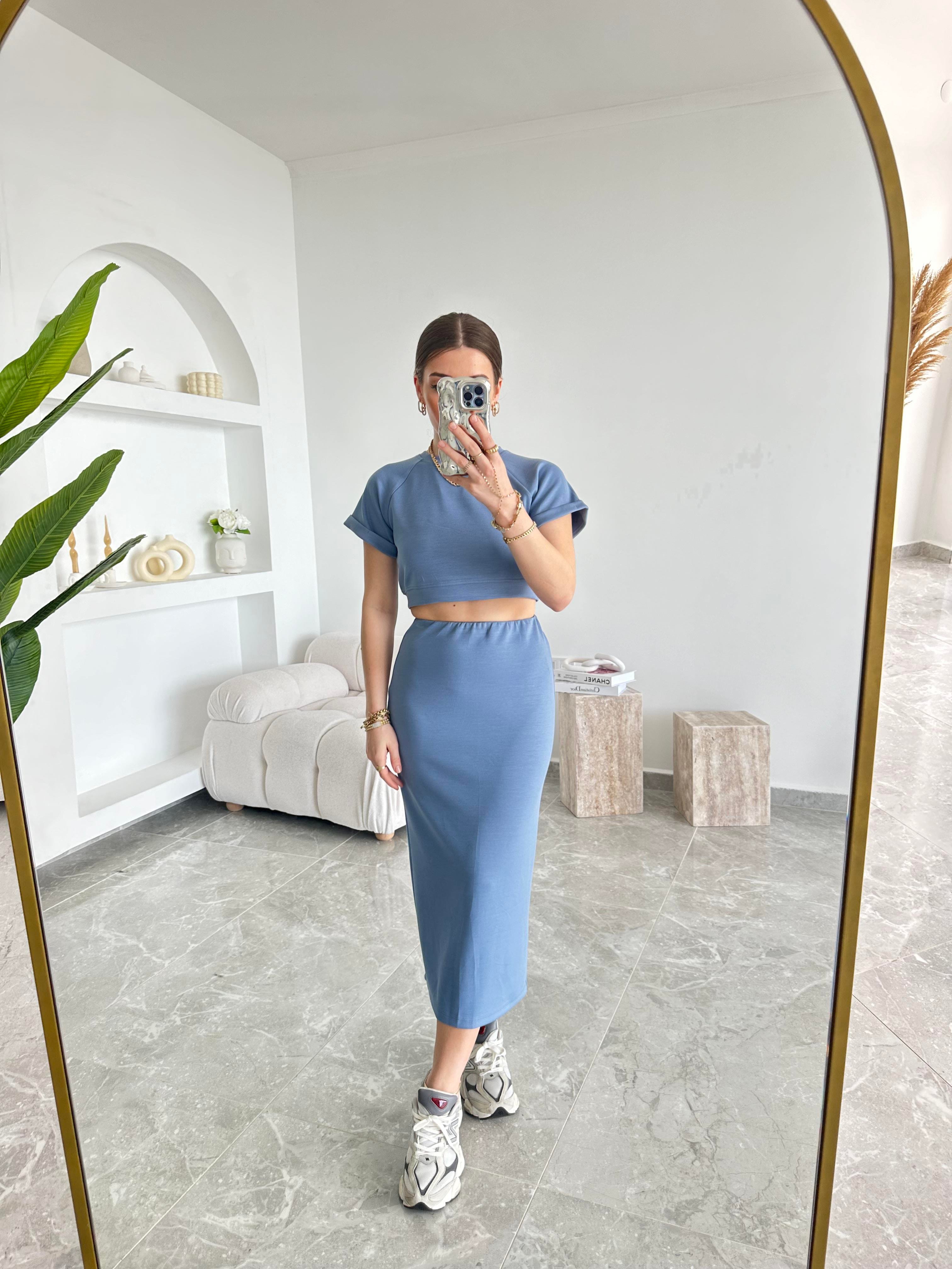 İndigo Modal Crop Etek İkili Takım