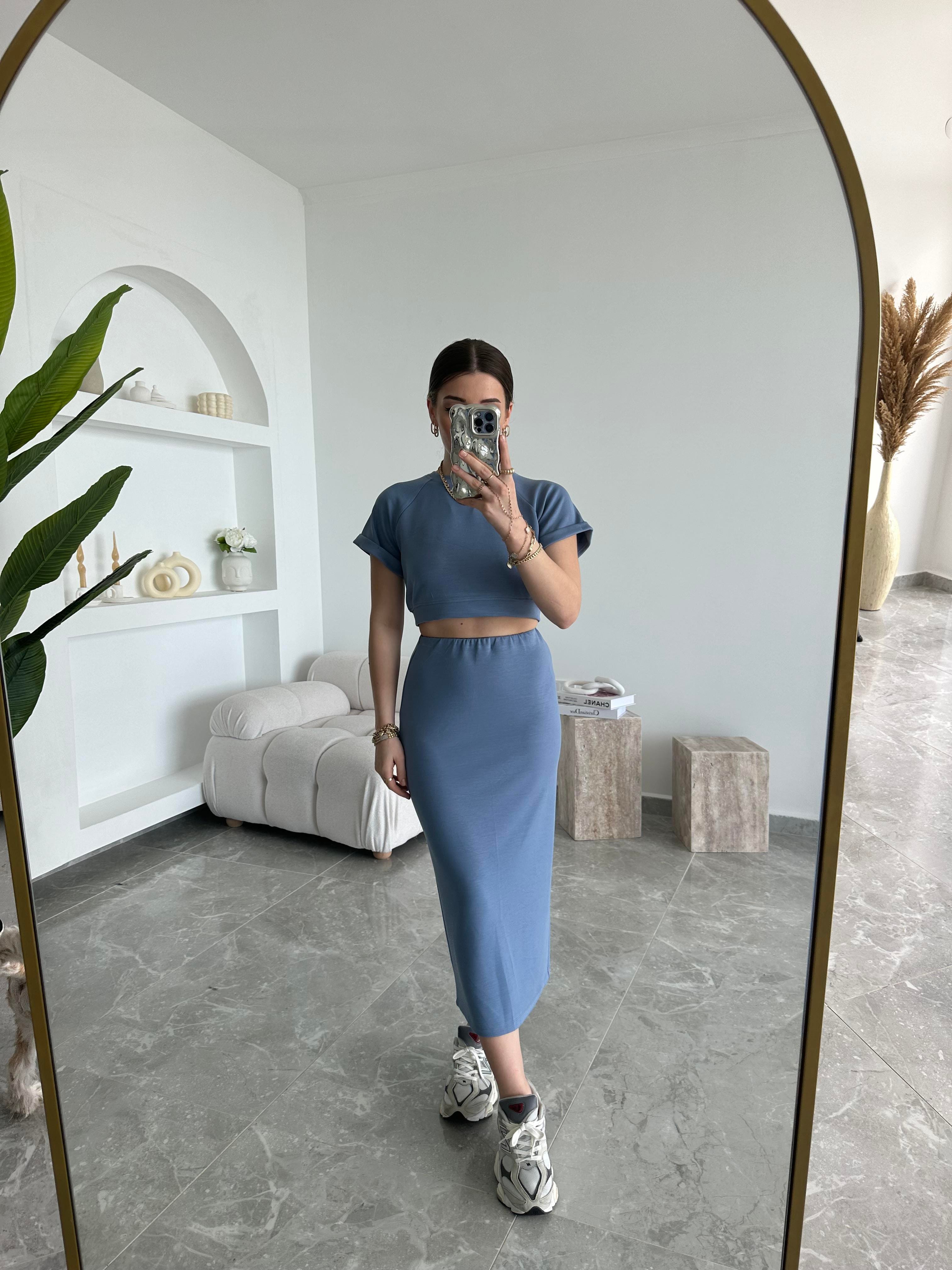 İndigo Modal Crop Etek İkili Takım