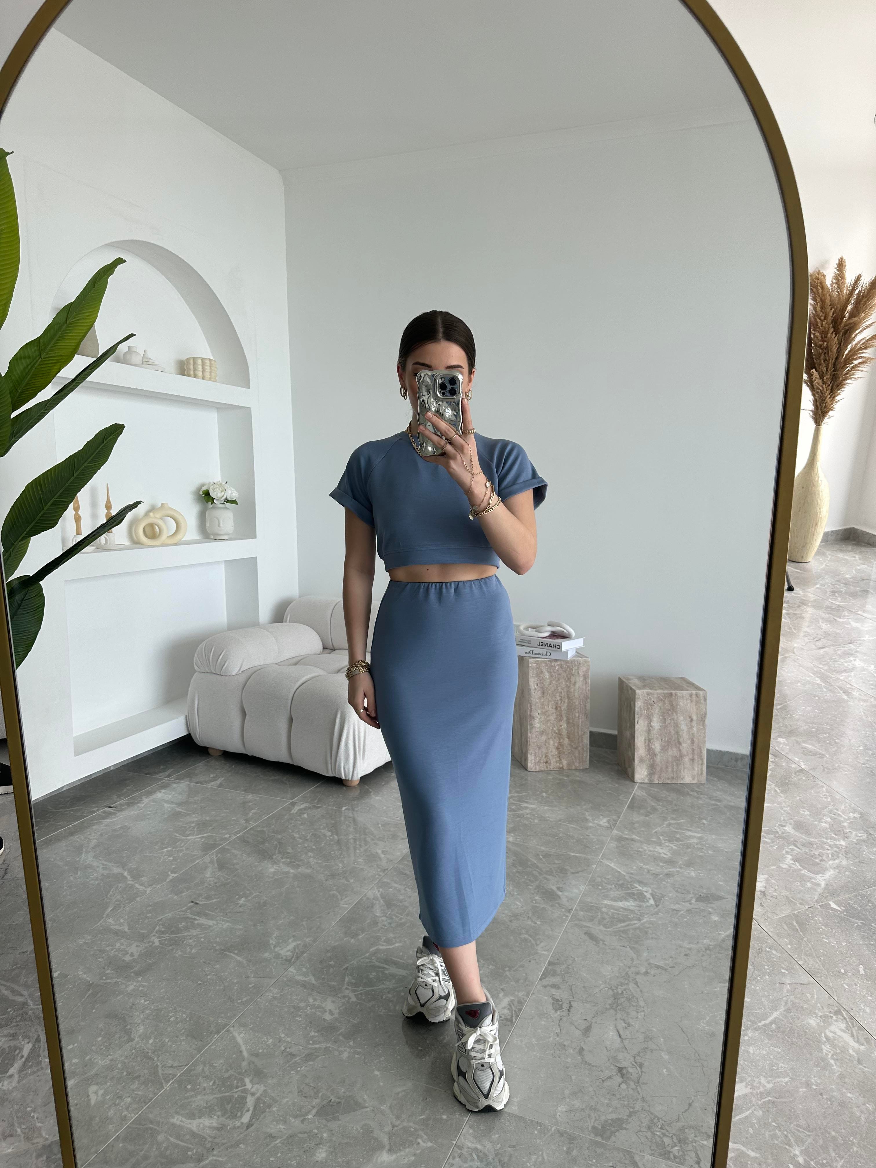 İndigo Modal Crop Etek İkili Takım