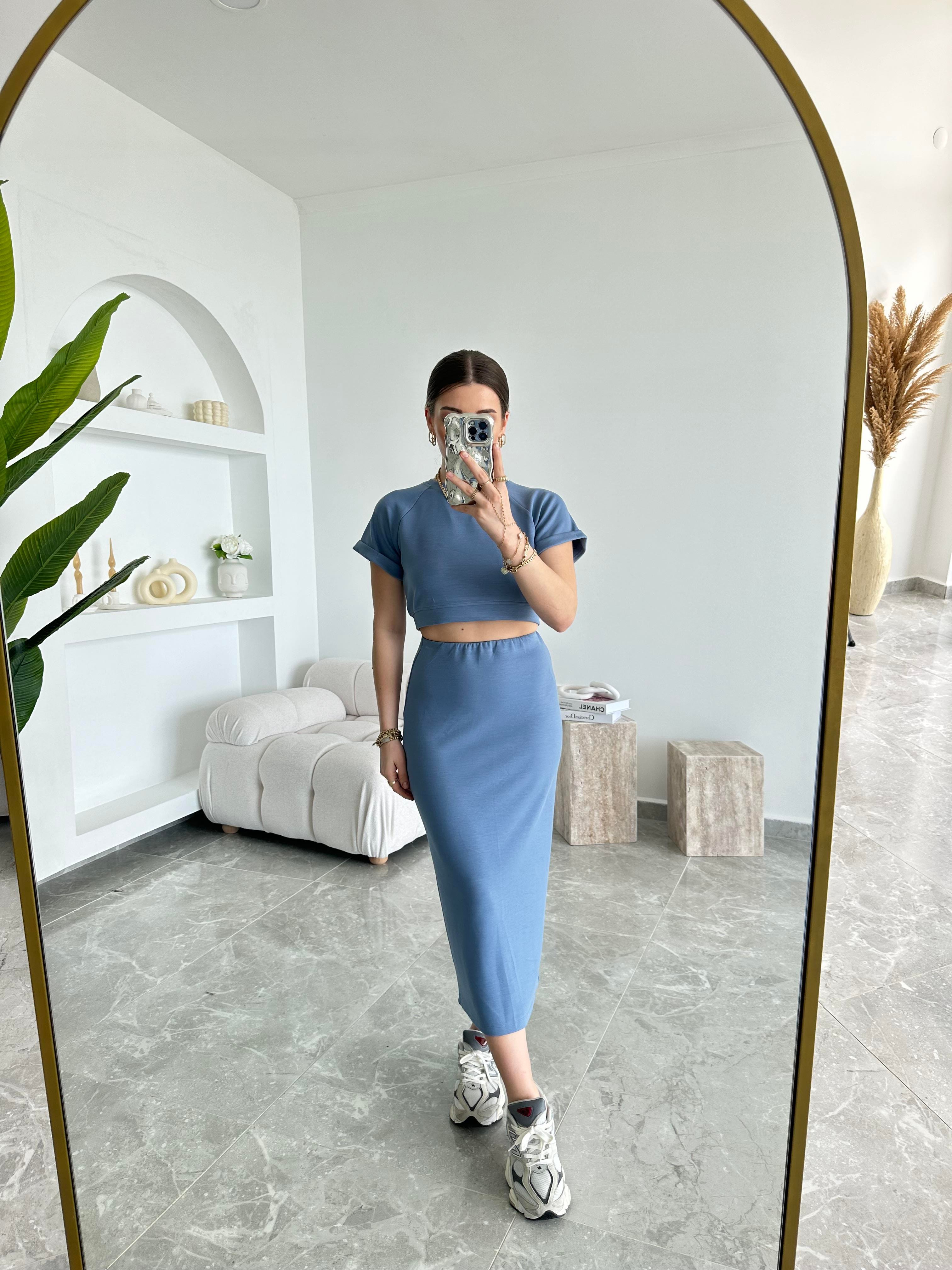 İndigo Modal Crop Etek İkili Takım
