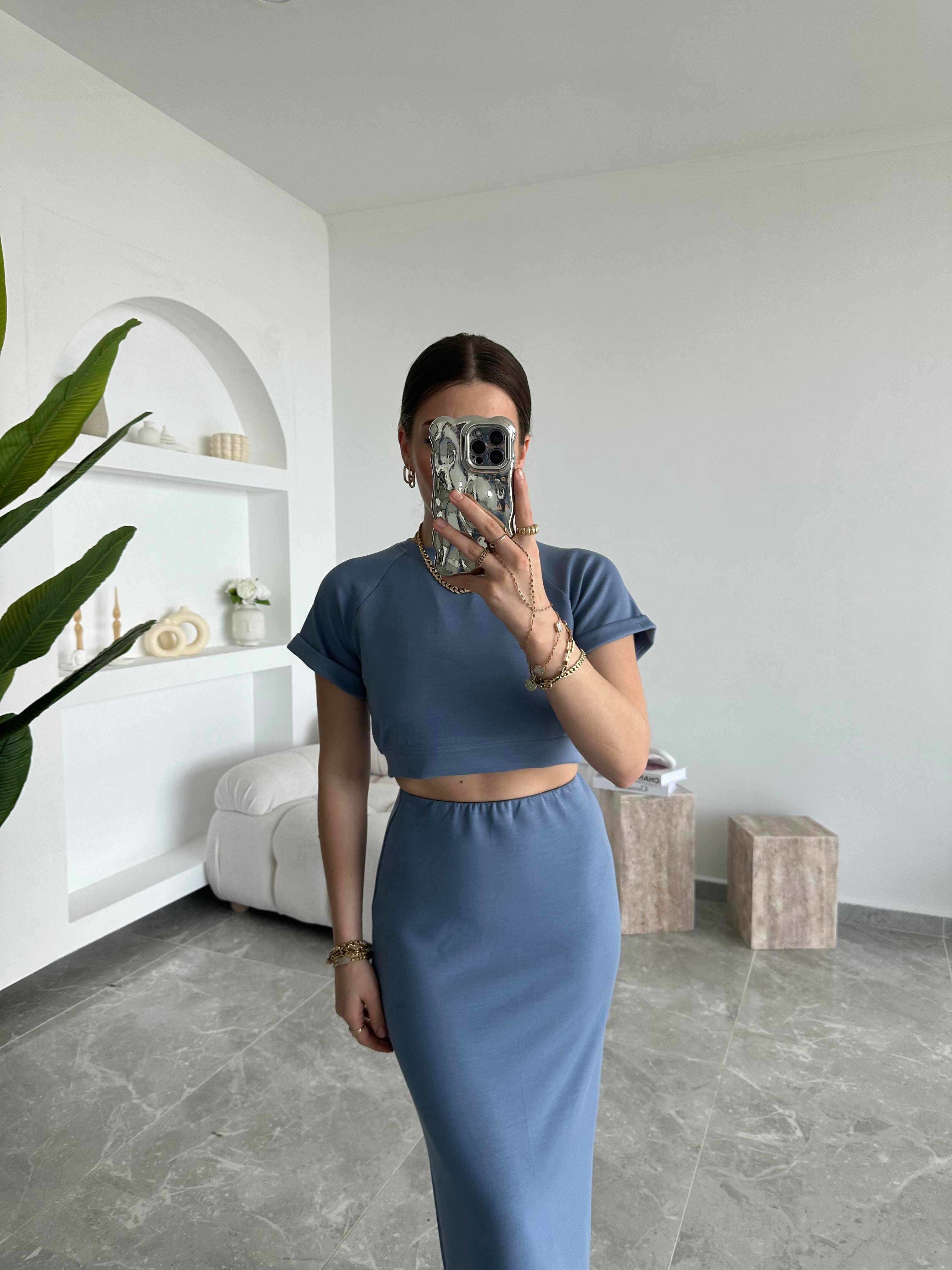 İndigo Modal Crop Etek İkili Takım