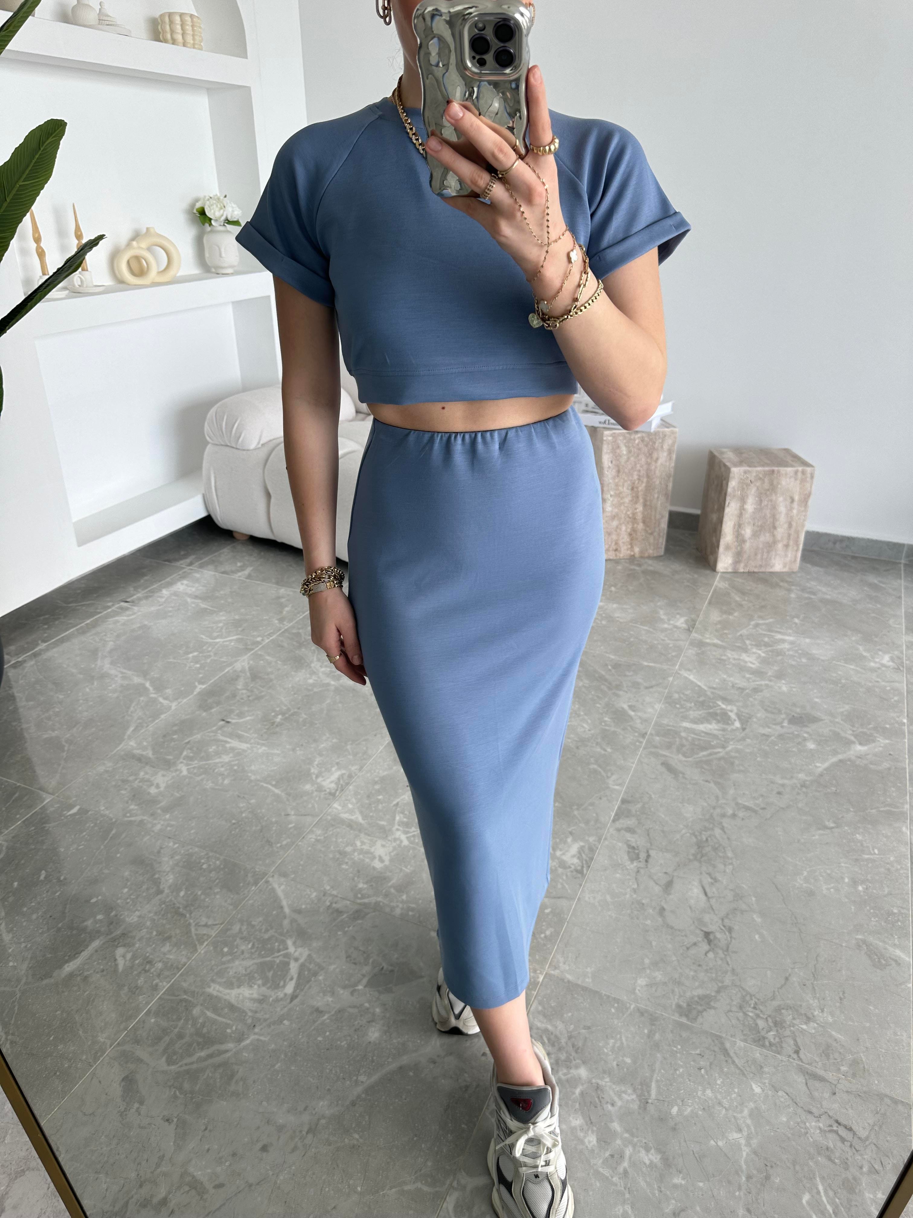 İndigo Modal Crop Etek İkili Takım