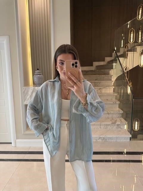 İndigo Oversize Transparan Tensel Gömlek - 4914