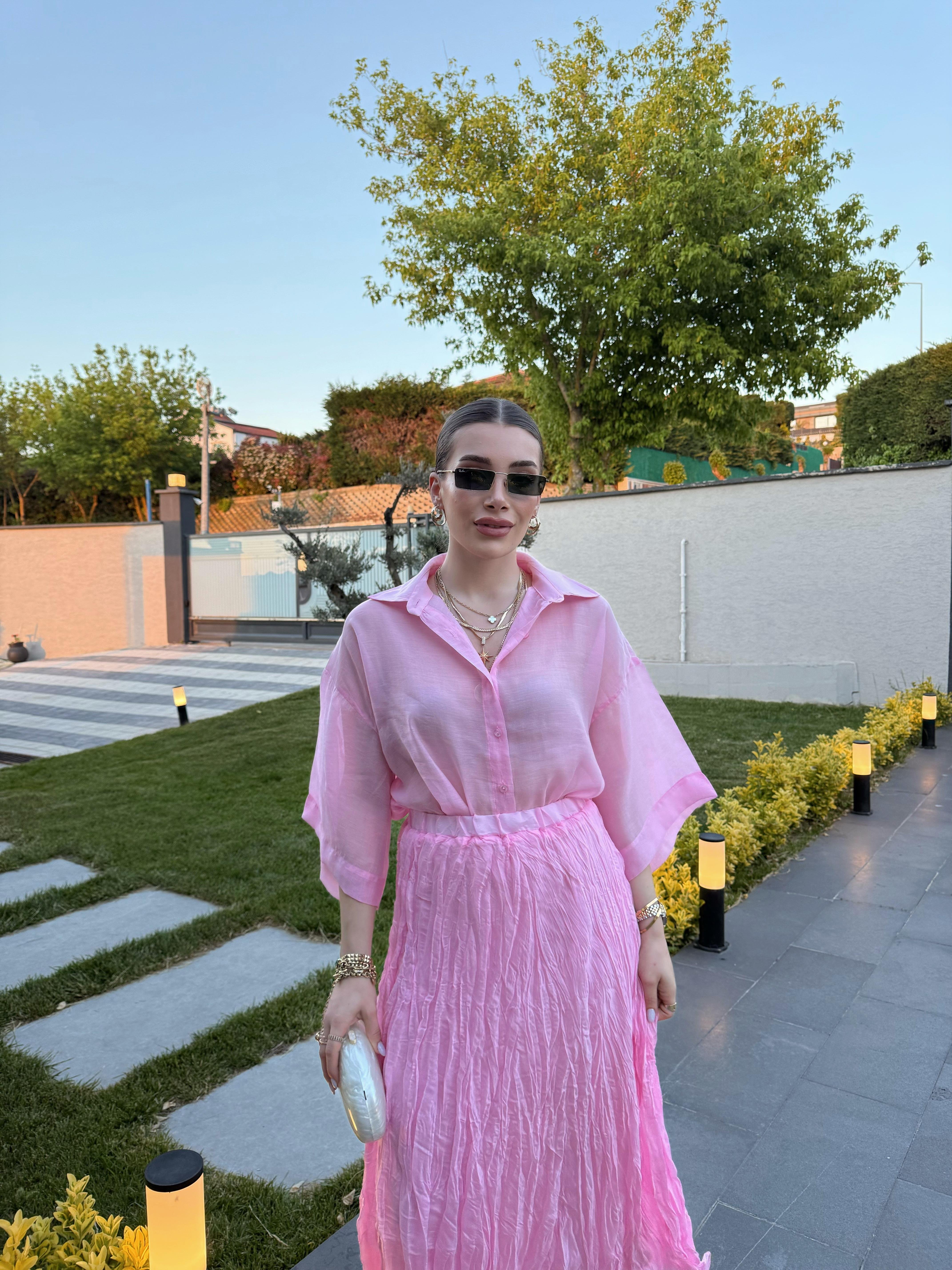 İpeksi Transparan Pembe  Gömlek-4927