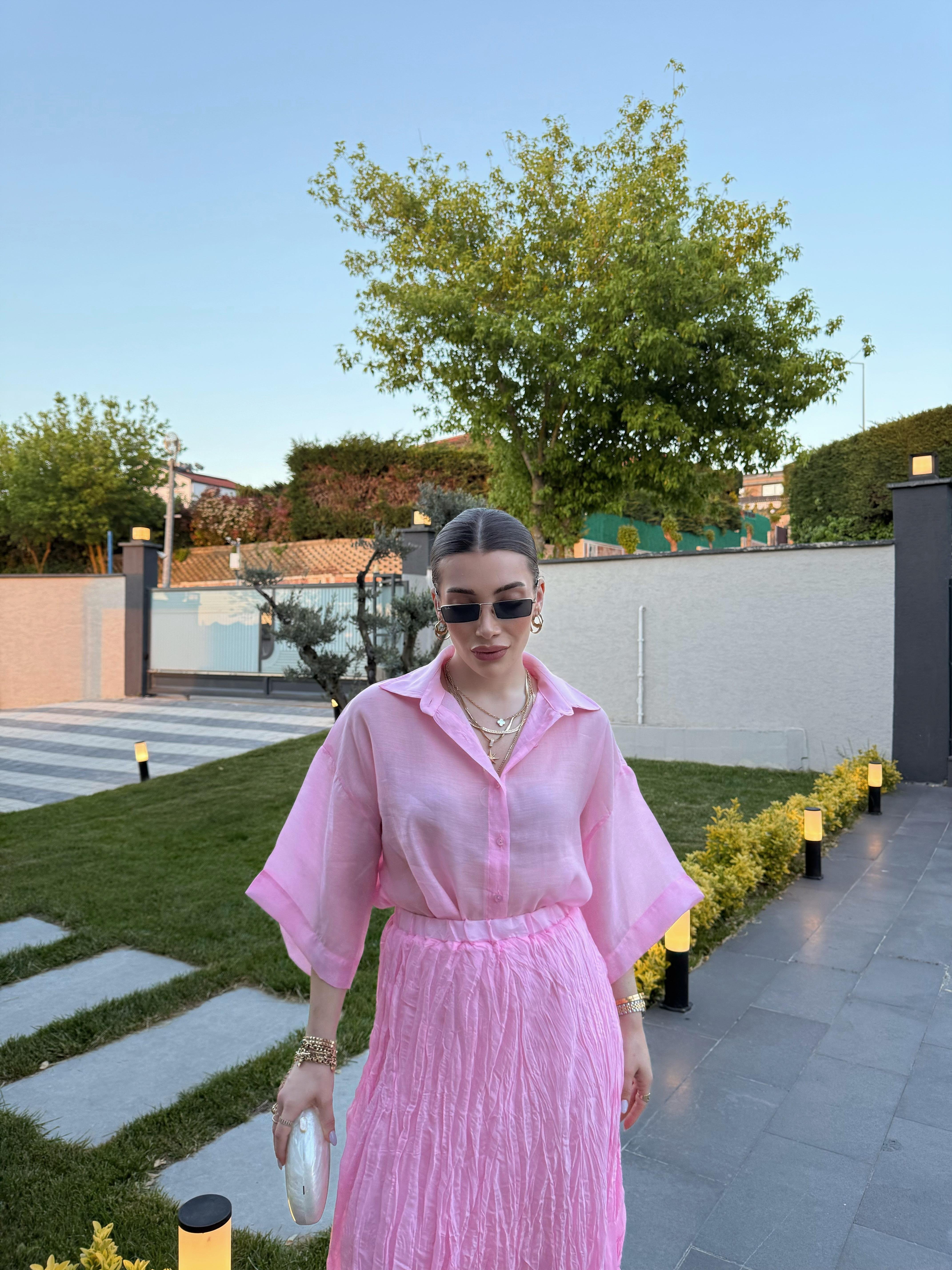 İpeksi Transparan Pembe  Gömlek-4927