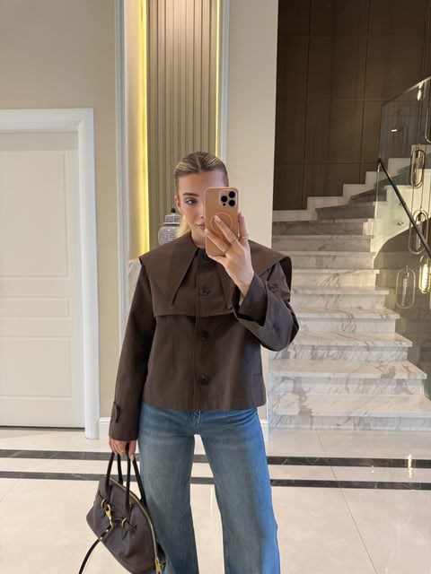 Kahve Bebe Yaka Düğmeli Trençkot - 7530