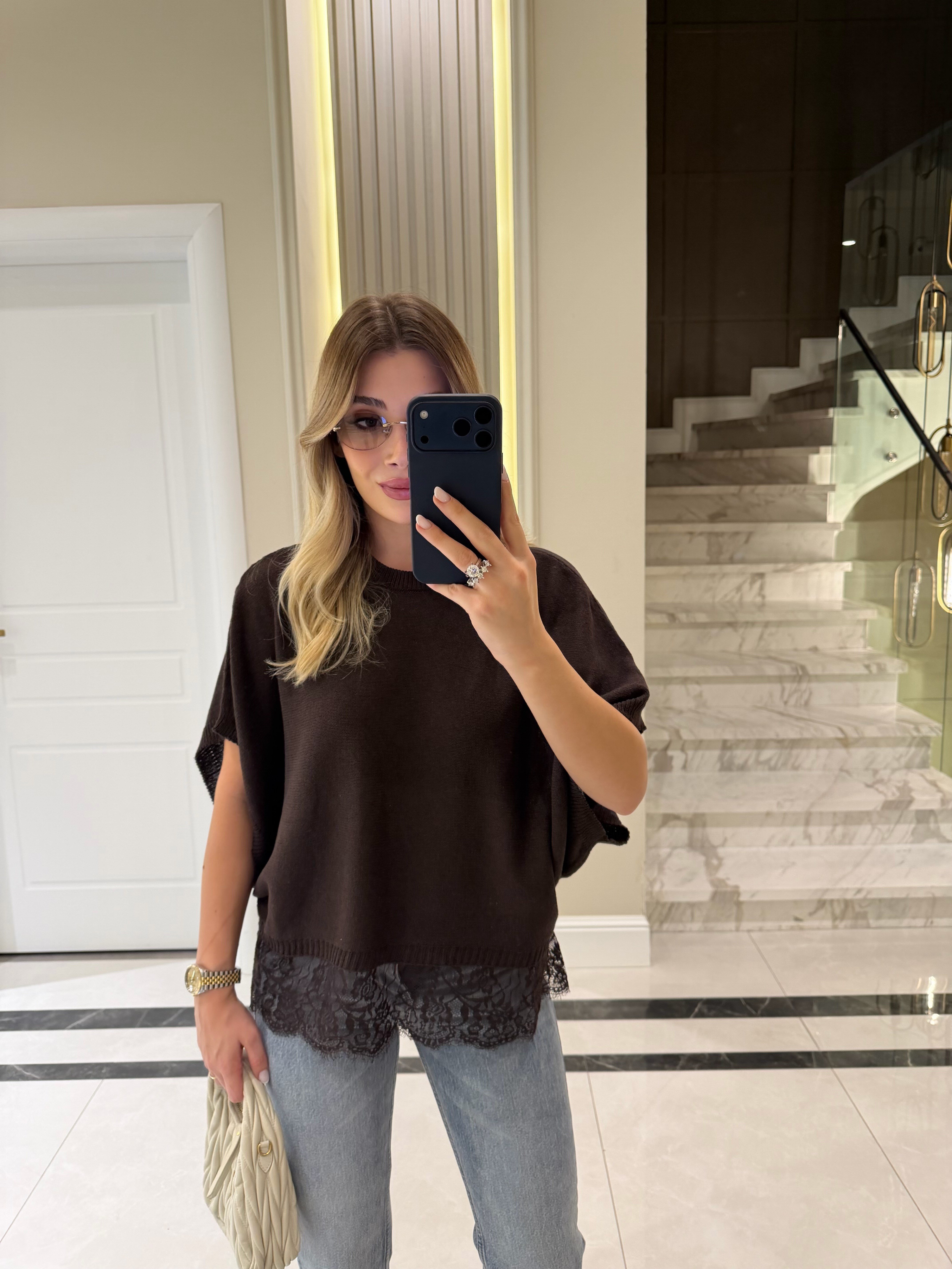 Kahve Dantel Detaylı Yarasa Kalıp Triko - 2716