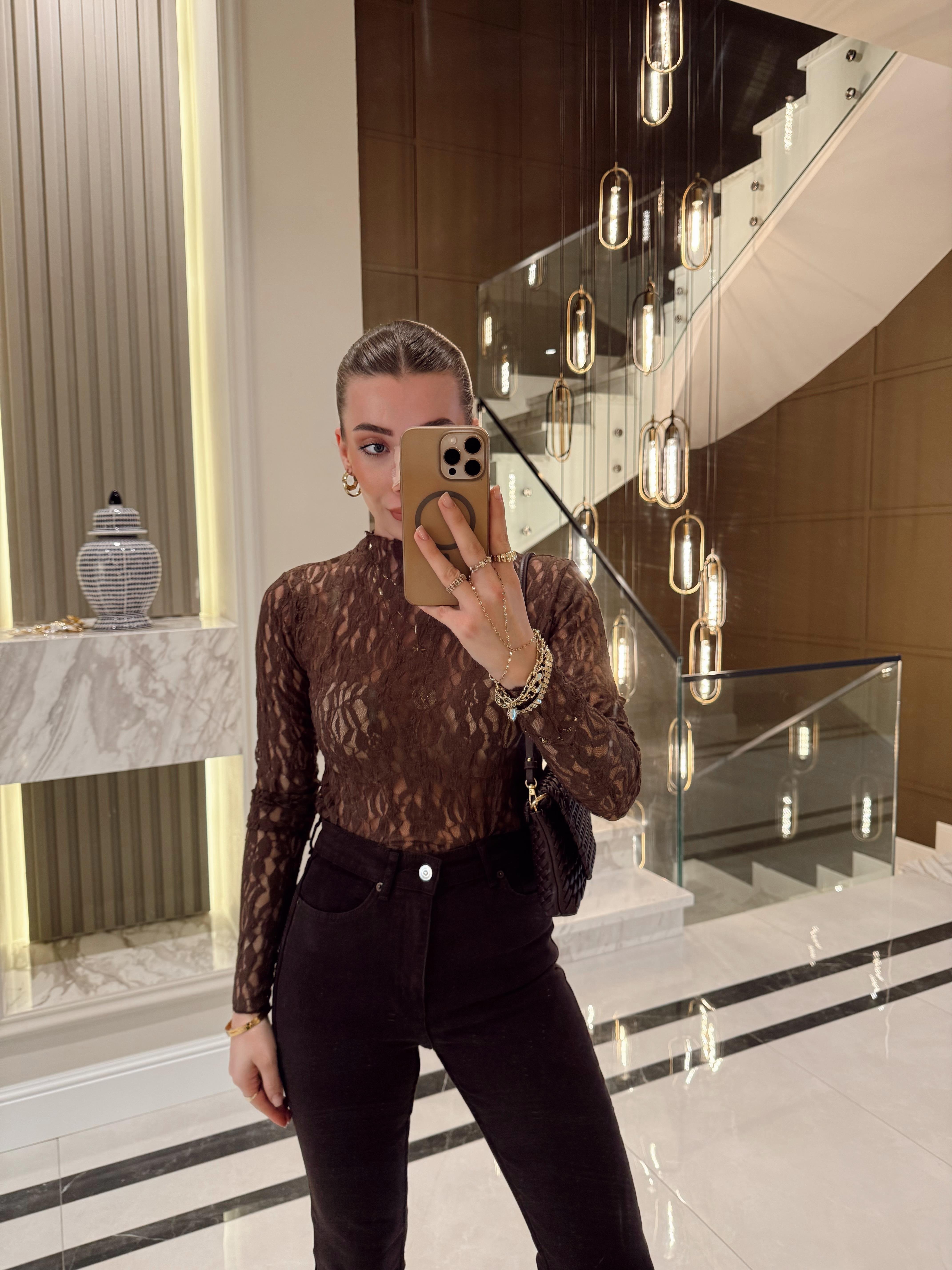 Kahve Dantel Transparan Bluz 