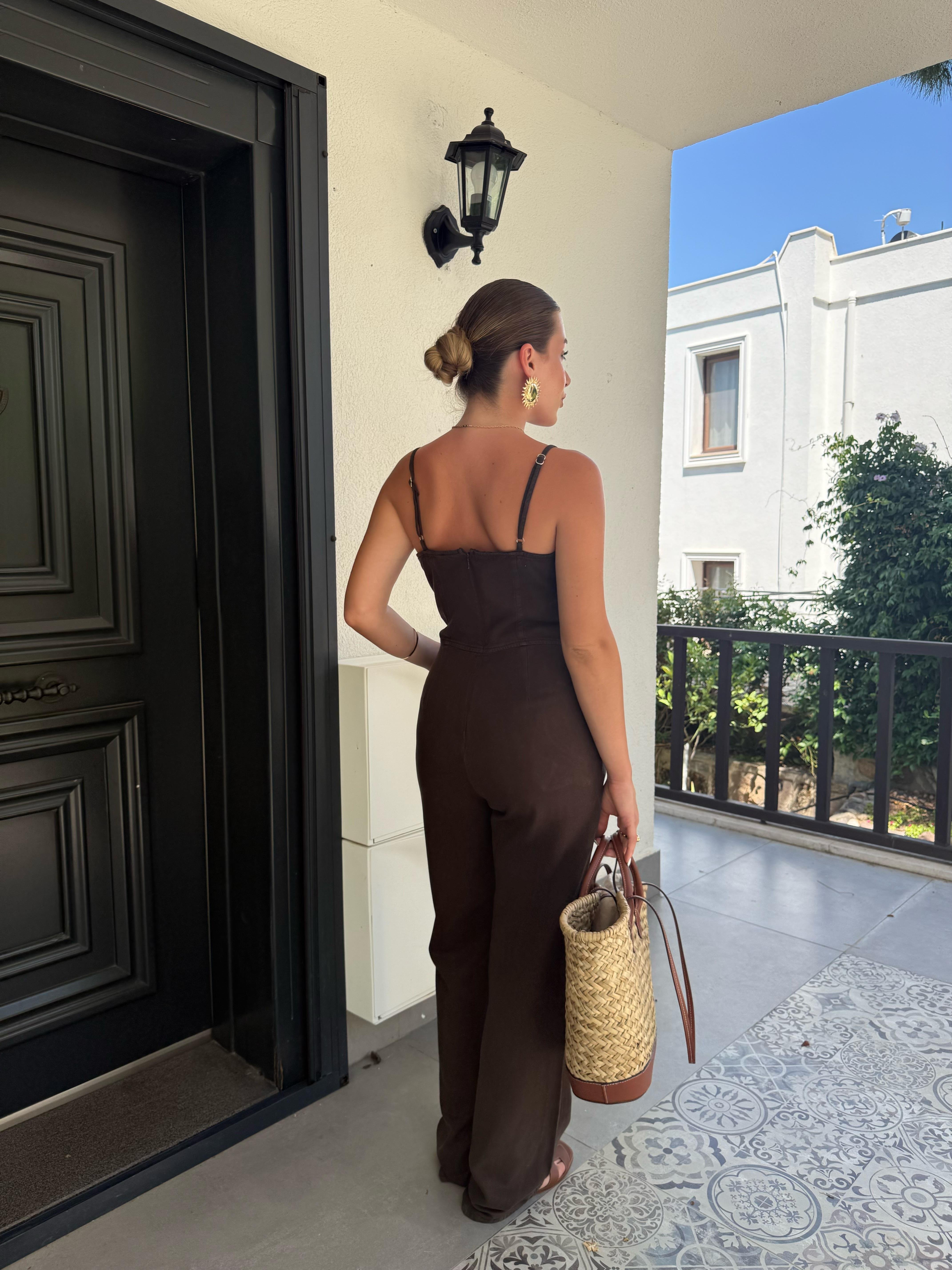 Kahve  İnce Askılı Lyocell Tulum- 72021