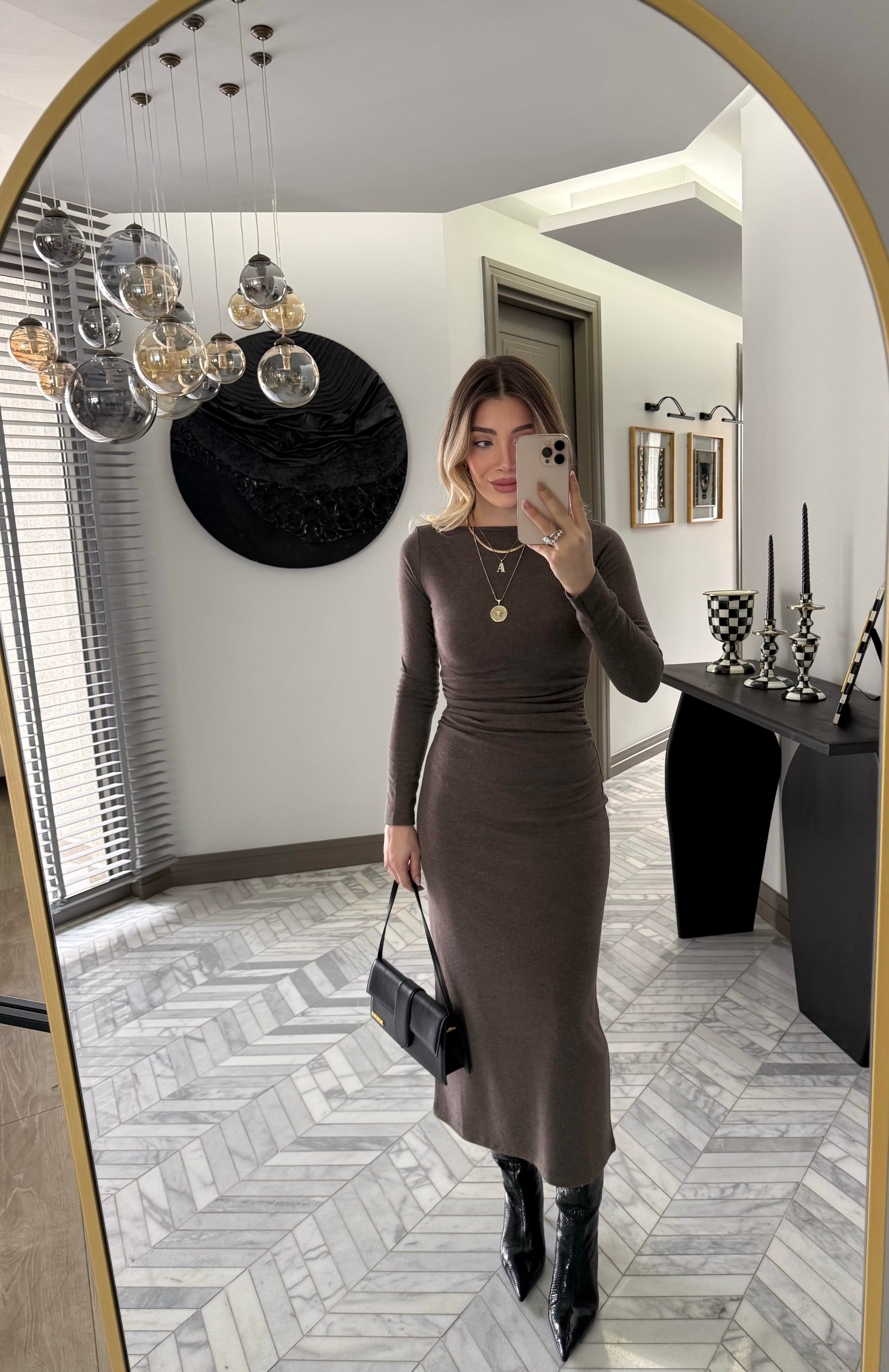 Kahve İnce Fitilli Triko Elbise-1004