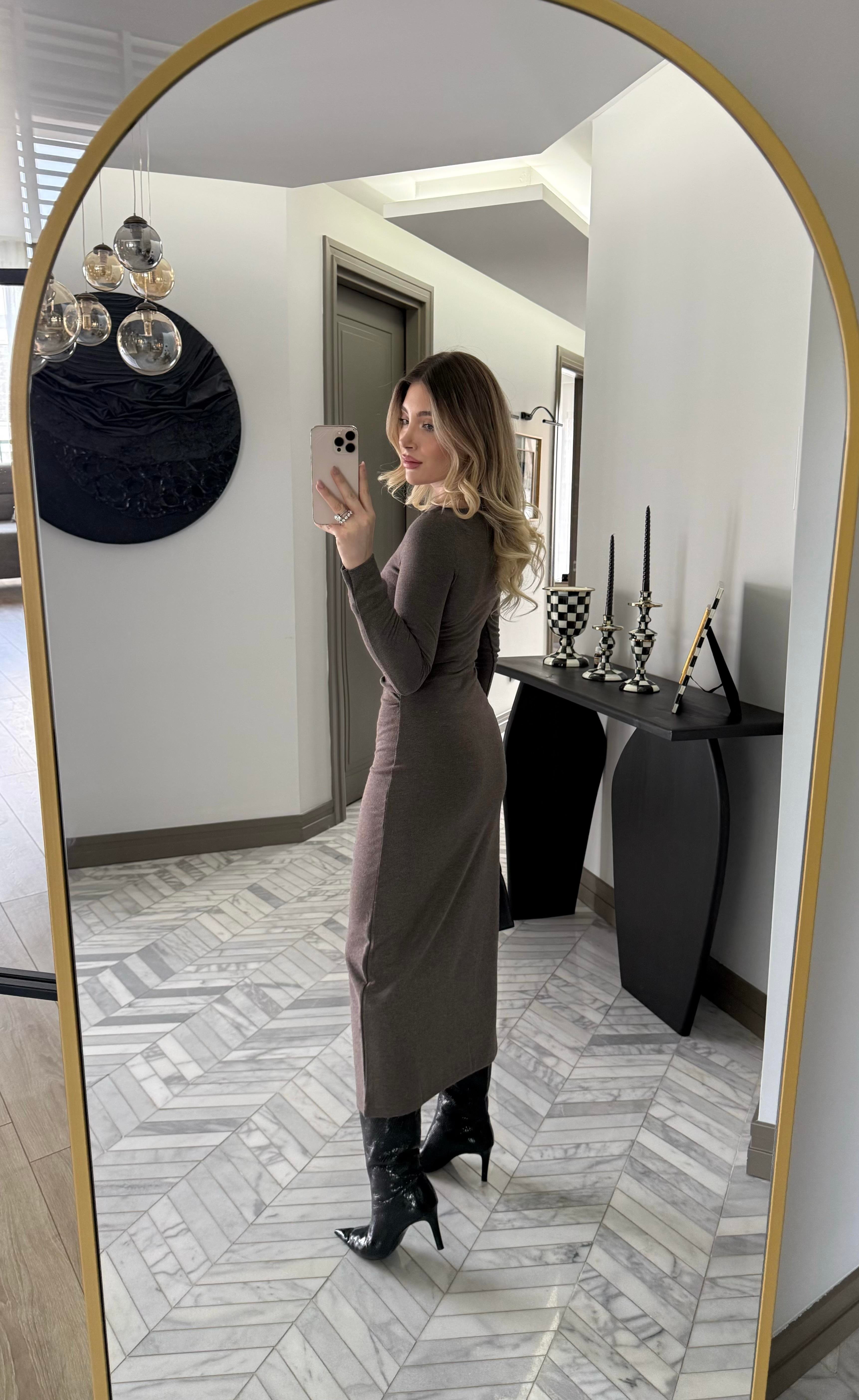 Kahve İnce Fitilli Triko Elbise-1004