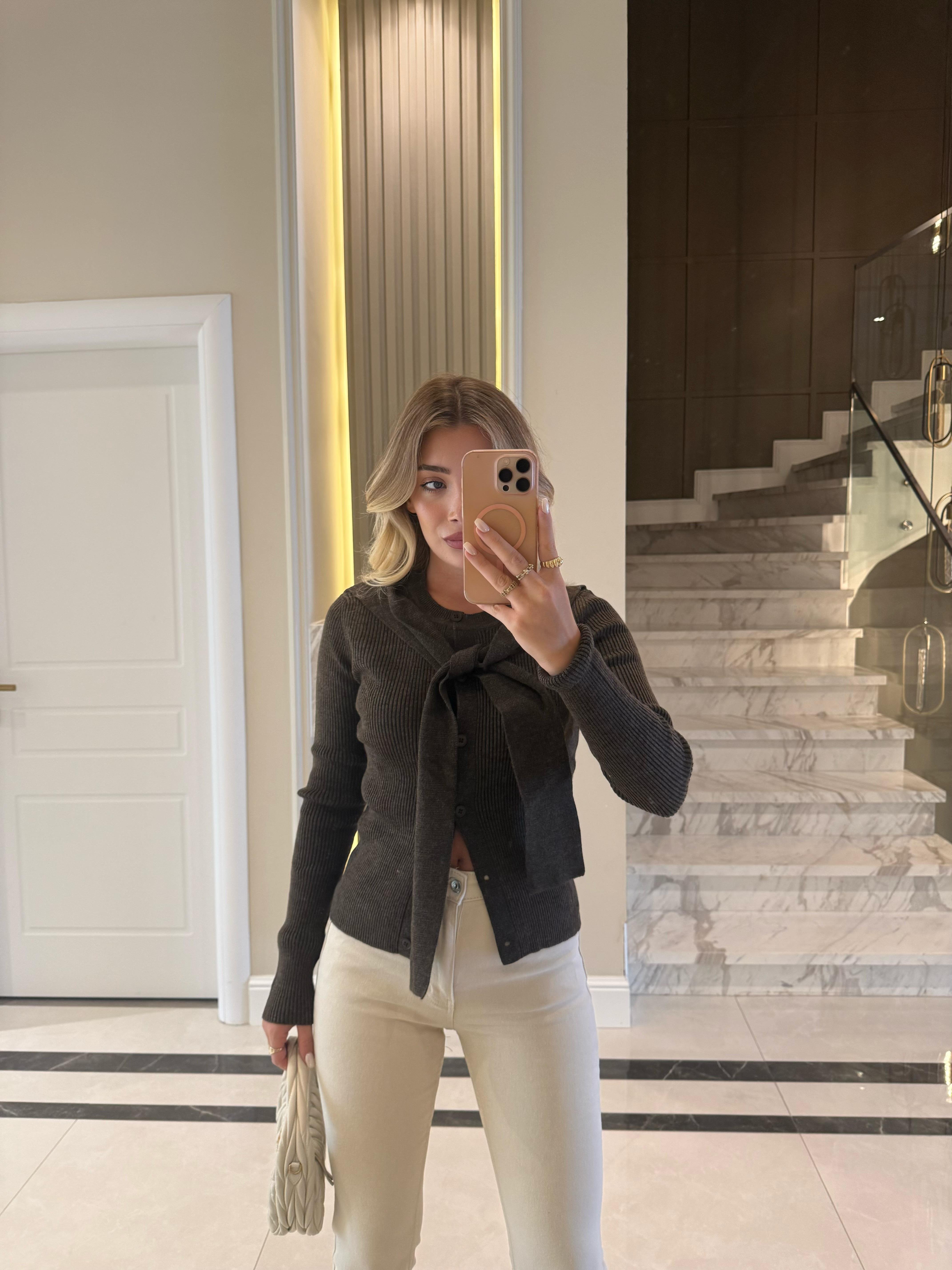 Kahve Melanj Önü Bağlamalı Hırka