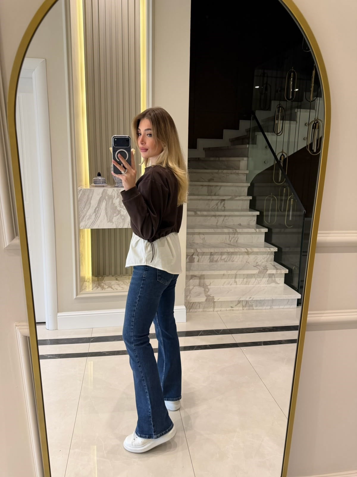 Kahve Nakışlı  Gömlek Detaylı Sweatshirt