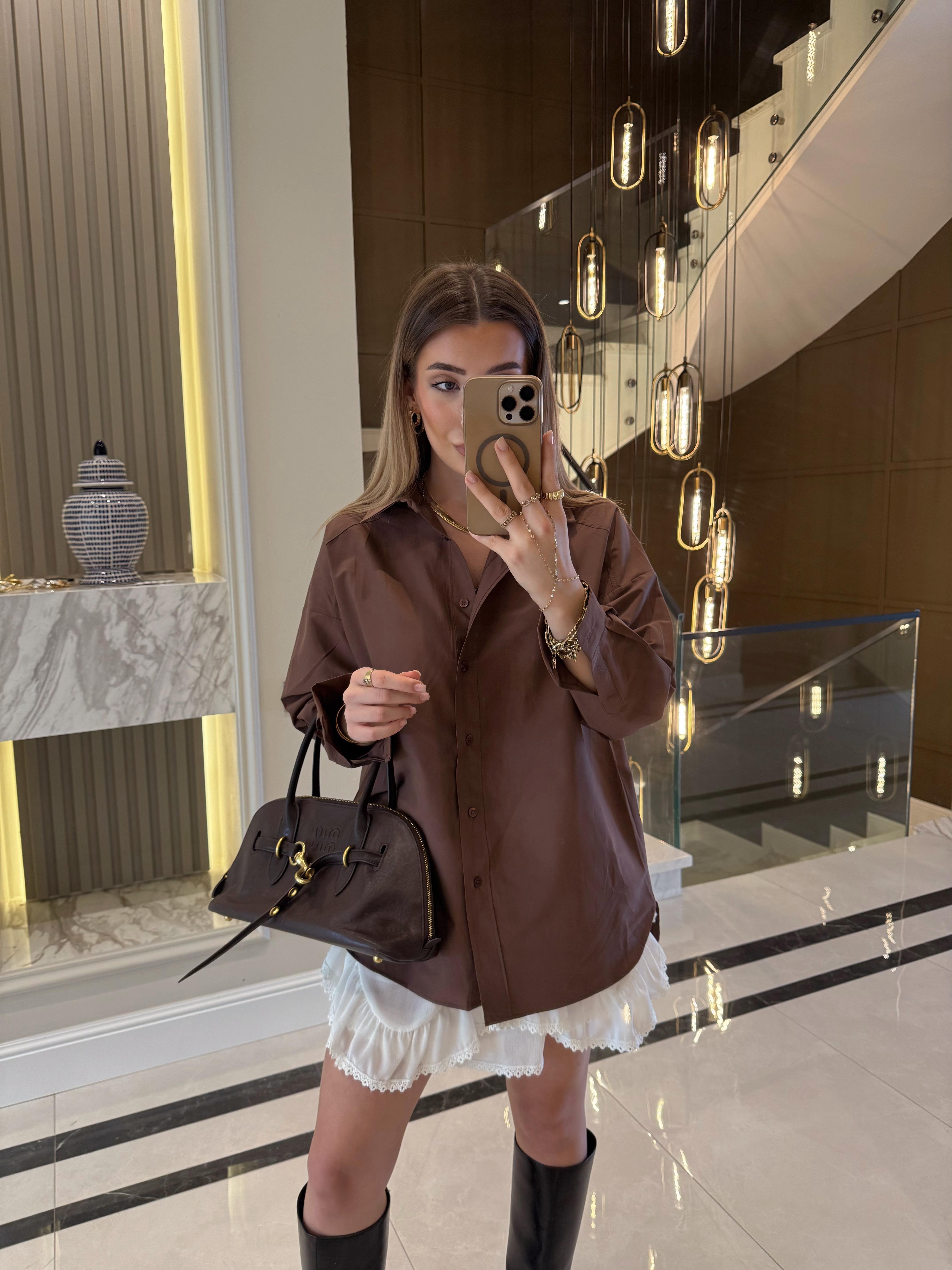 Kahve Oversize Poplin Gömlek-4943
