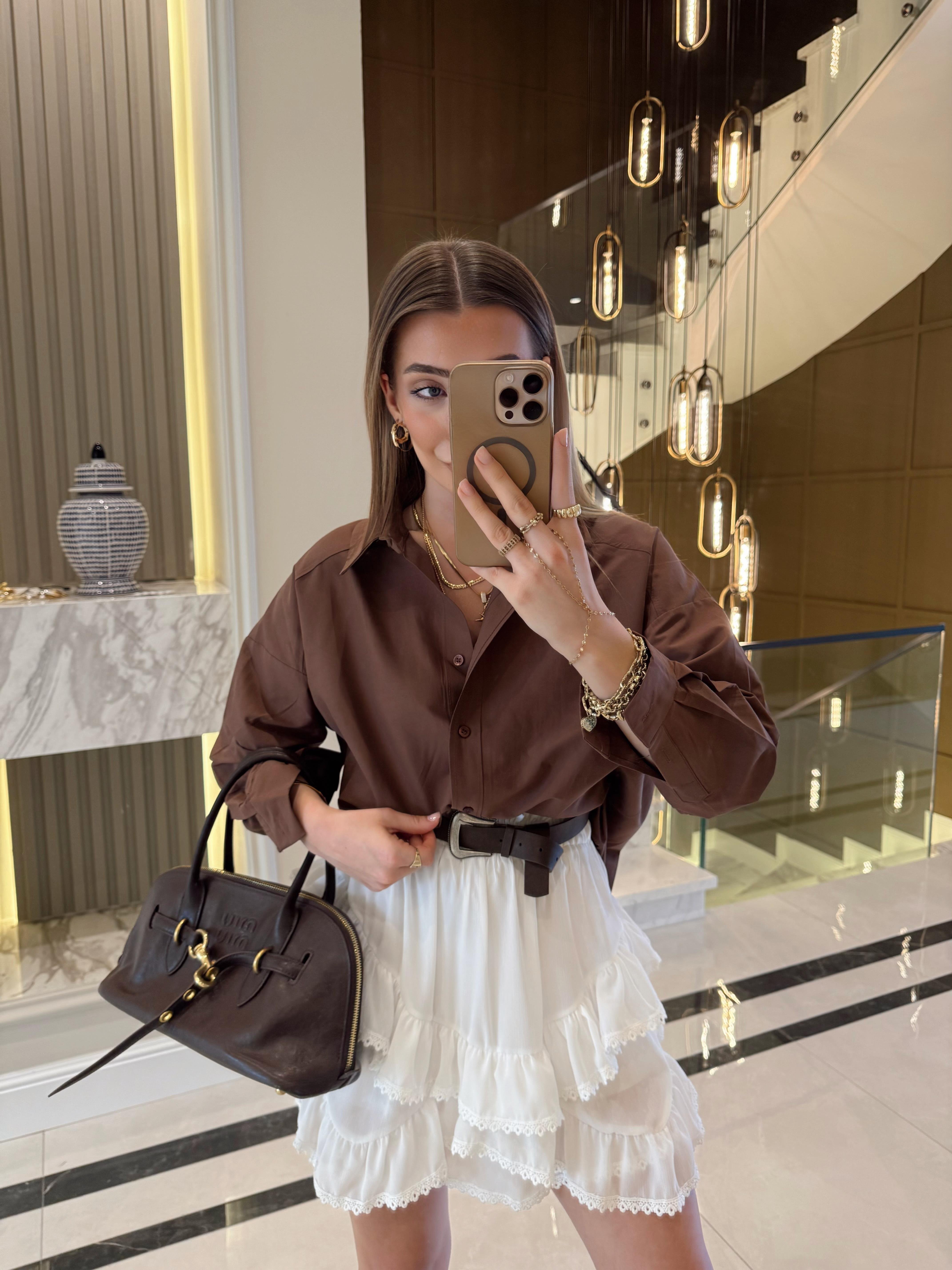 Kahve Oversize Poplin Gömlek-4943