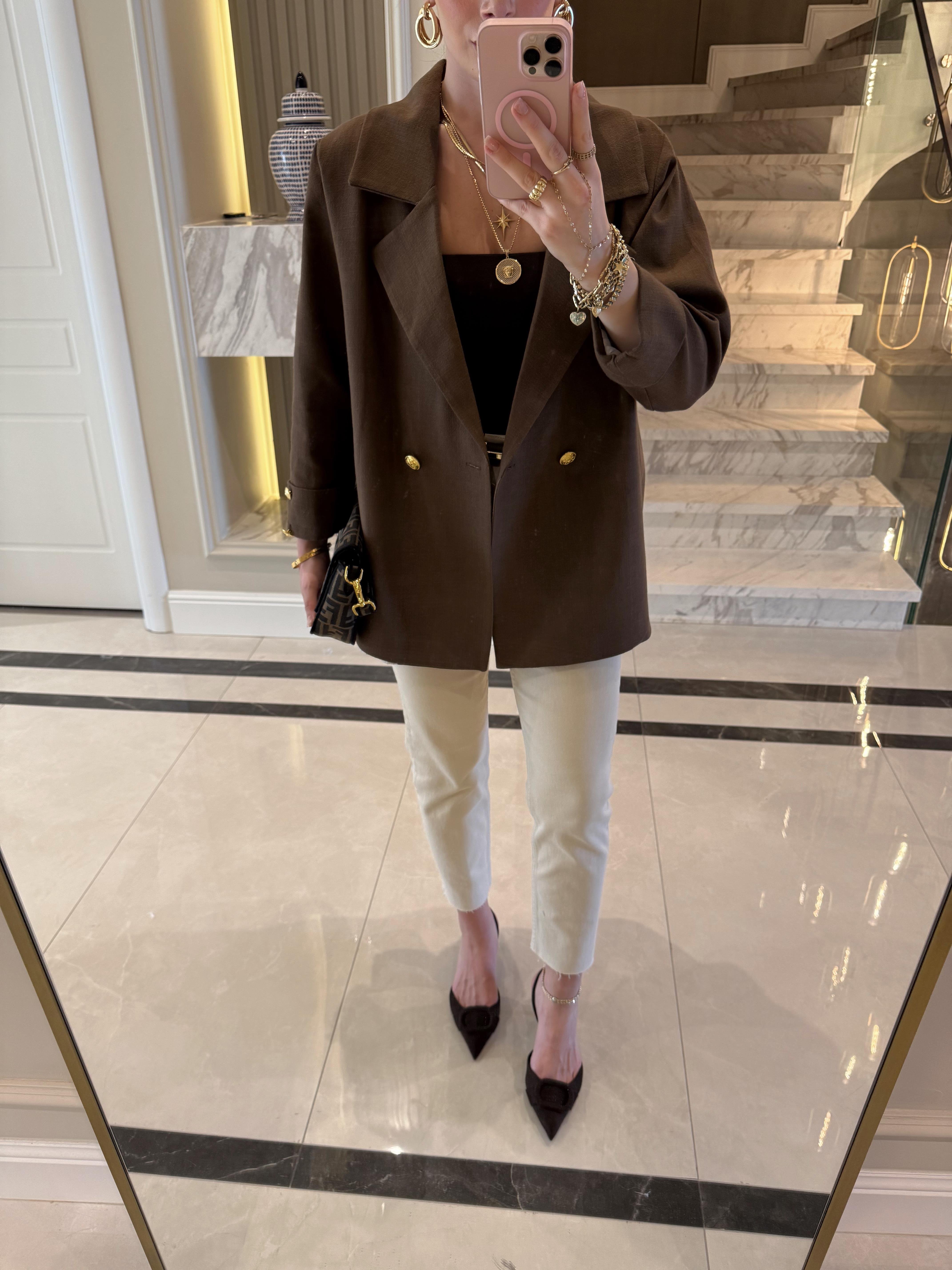 Kahve Rengi Oversize Keten Ceket-9303