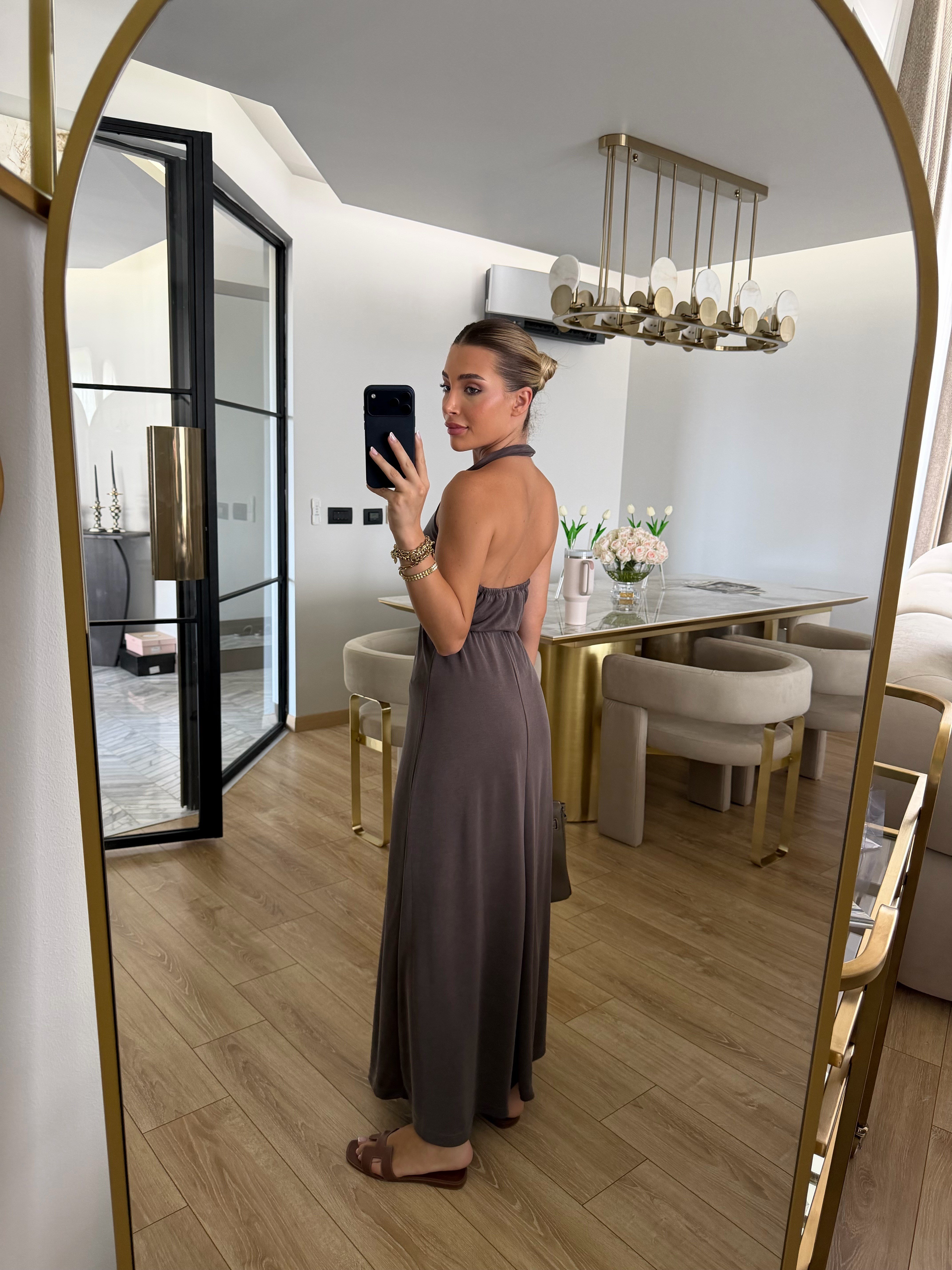 Kahve Sırtı Açık Pike Elbise-4196
