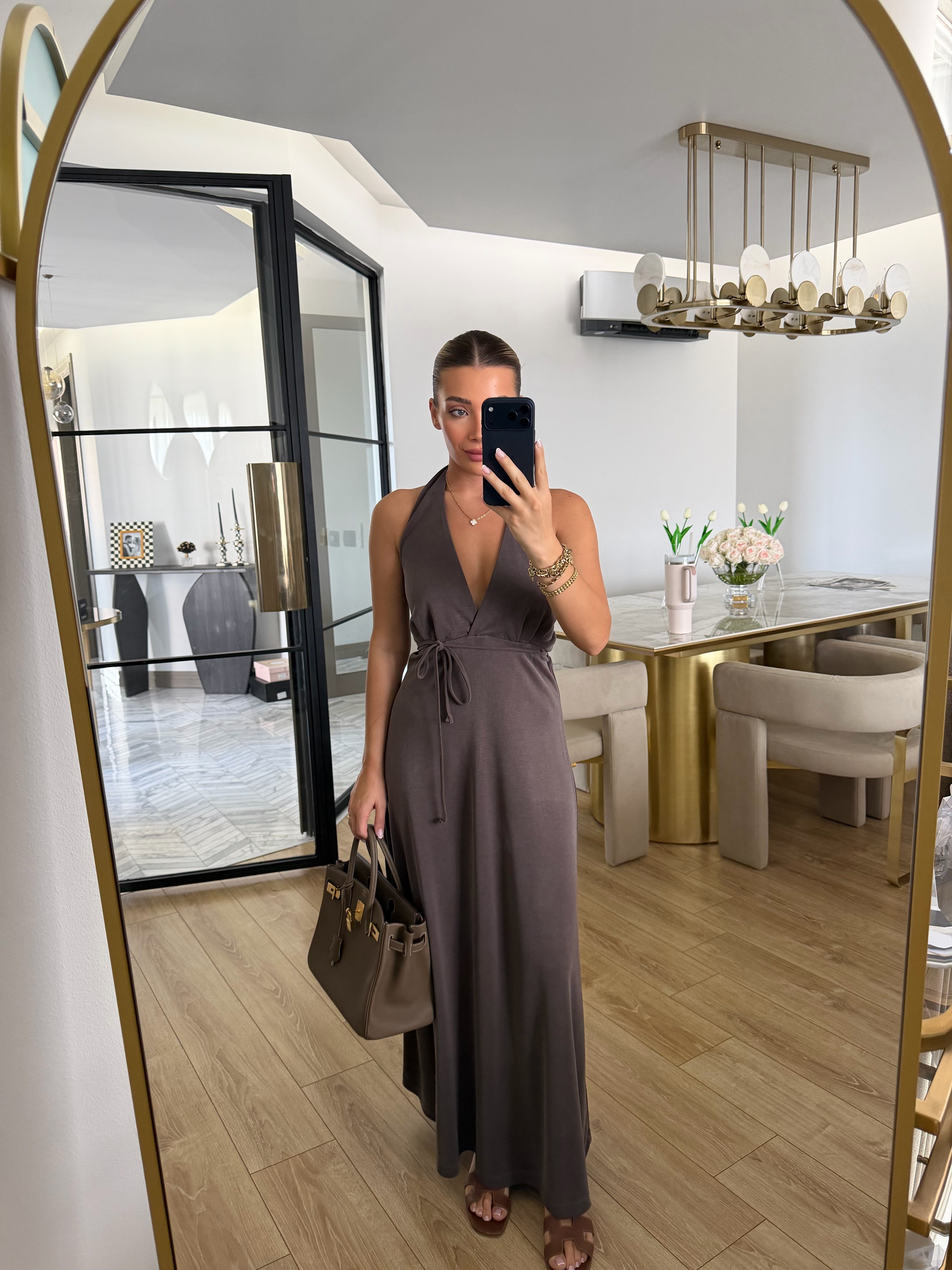 Kahve Sırtı Açık Pike Elbise-4196