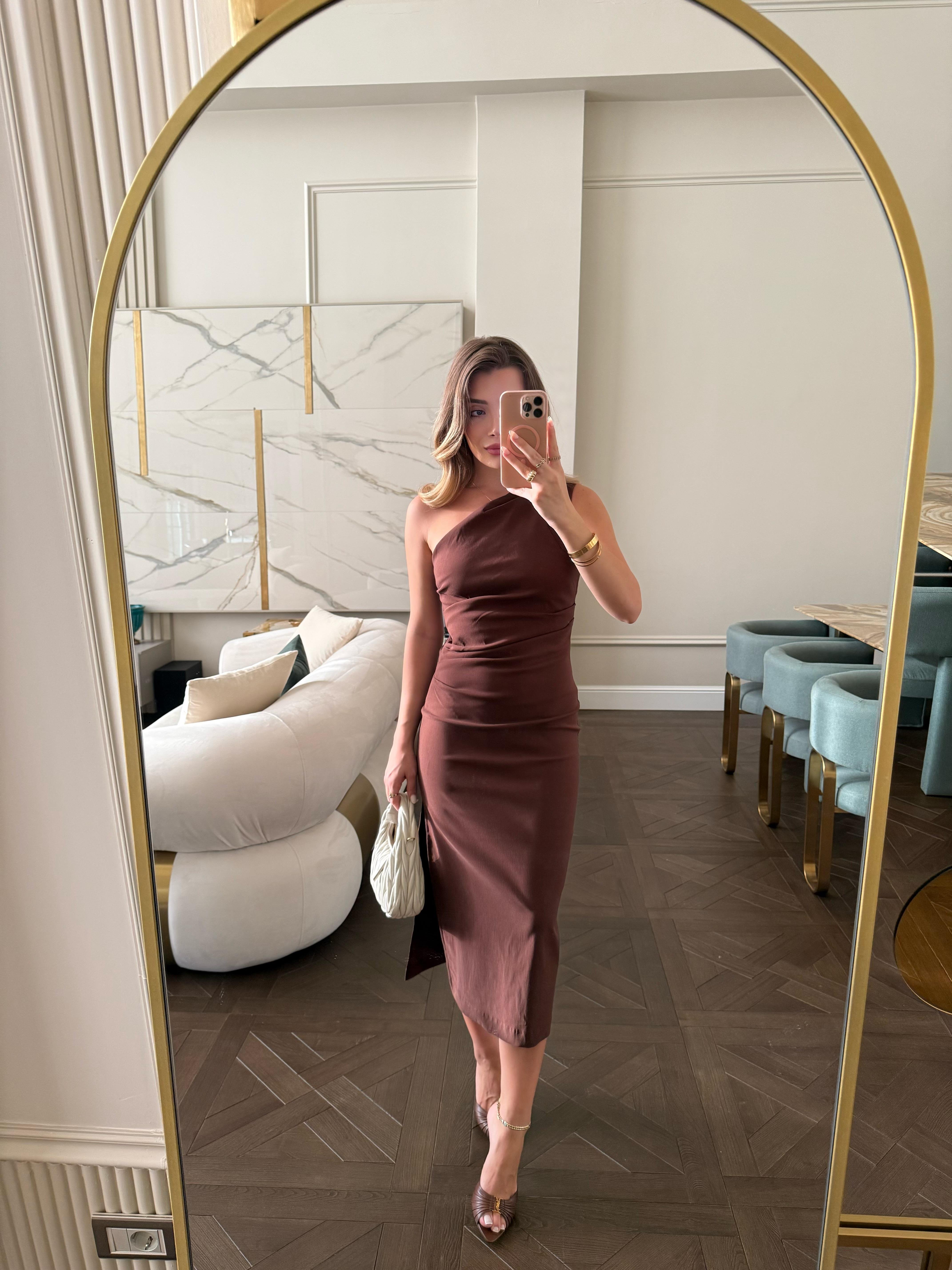 Kahve  Tek Omuz Drapeli Elbise 