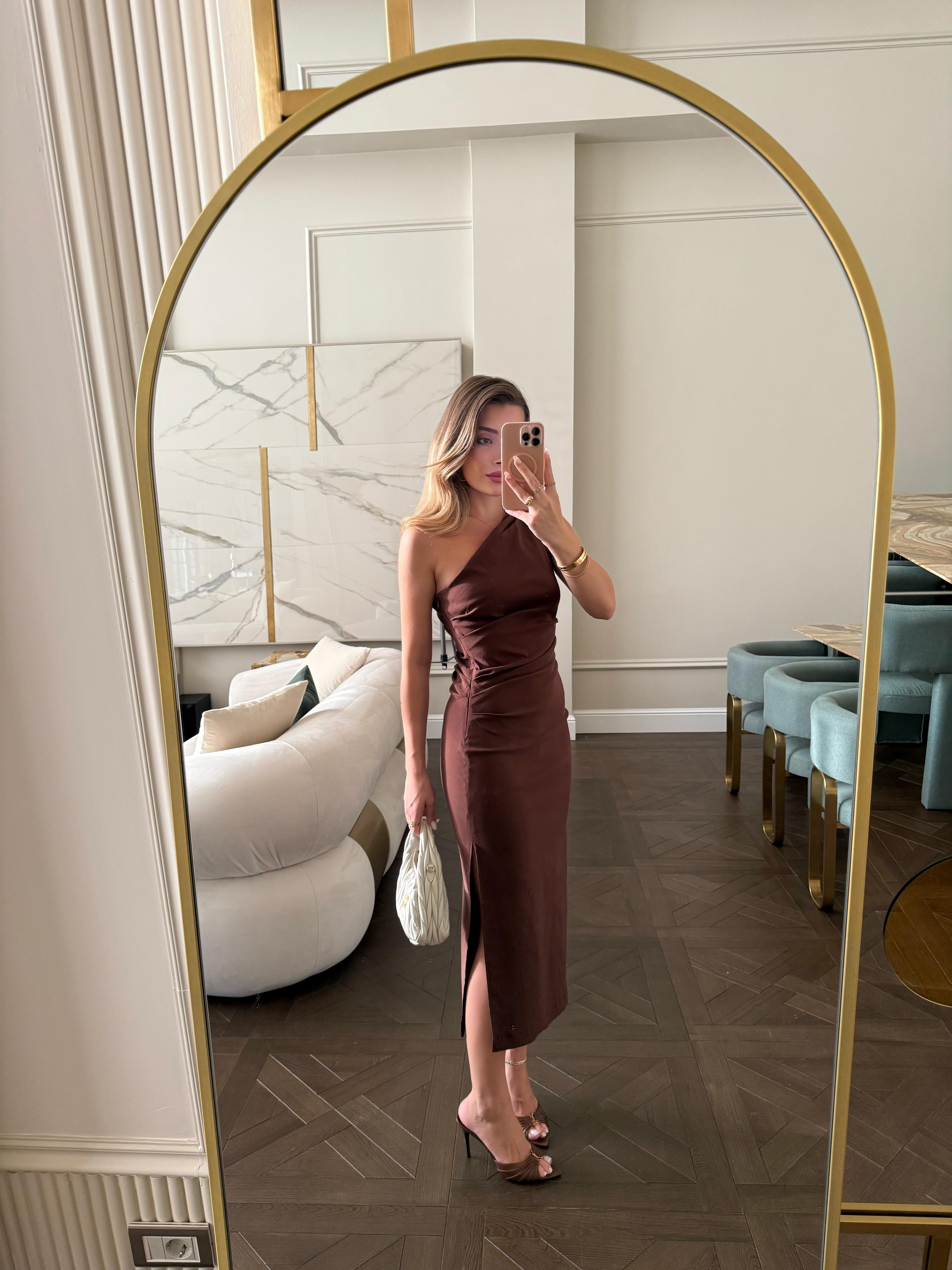 Kahve  Tek Omuz Drapeli Elbise 