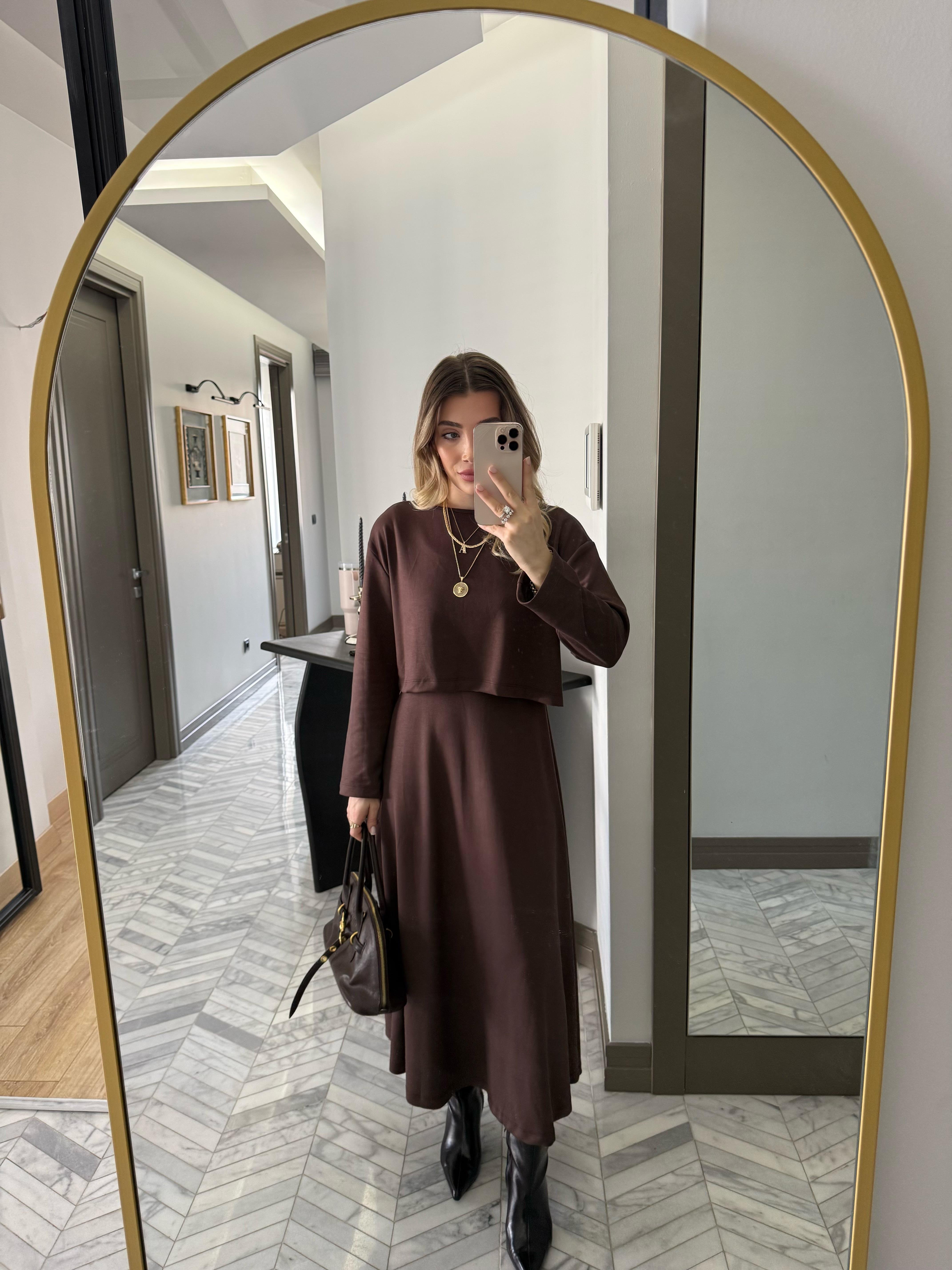 Kahverengi Elbiseli Modal Kumaş İkili Takım-4064