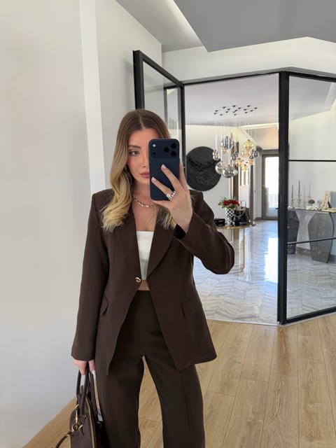 Kahverengi Gold Düğmeli Takım -9031