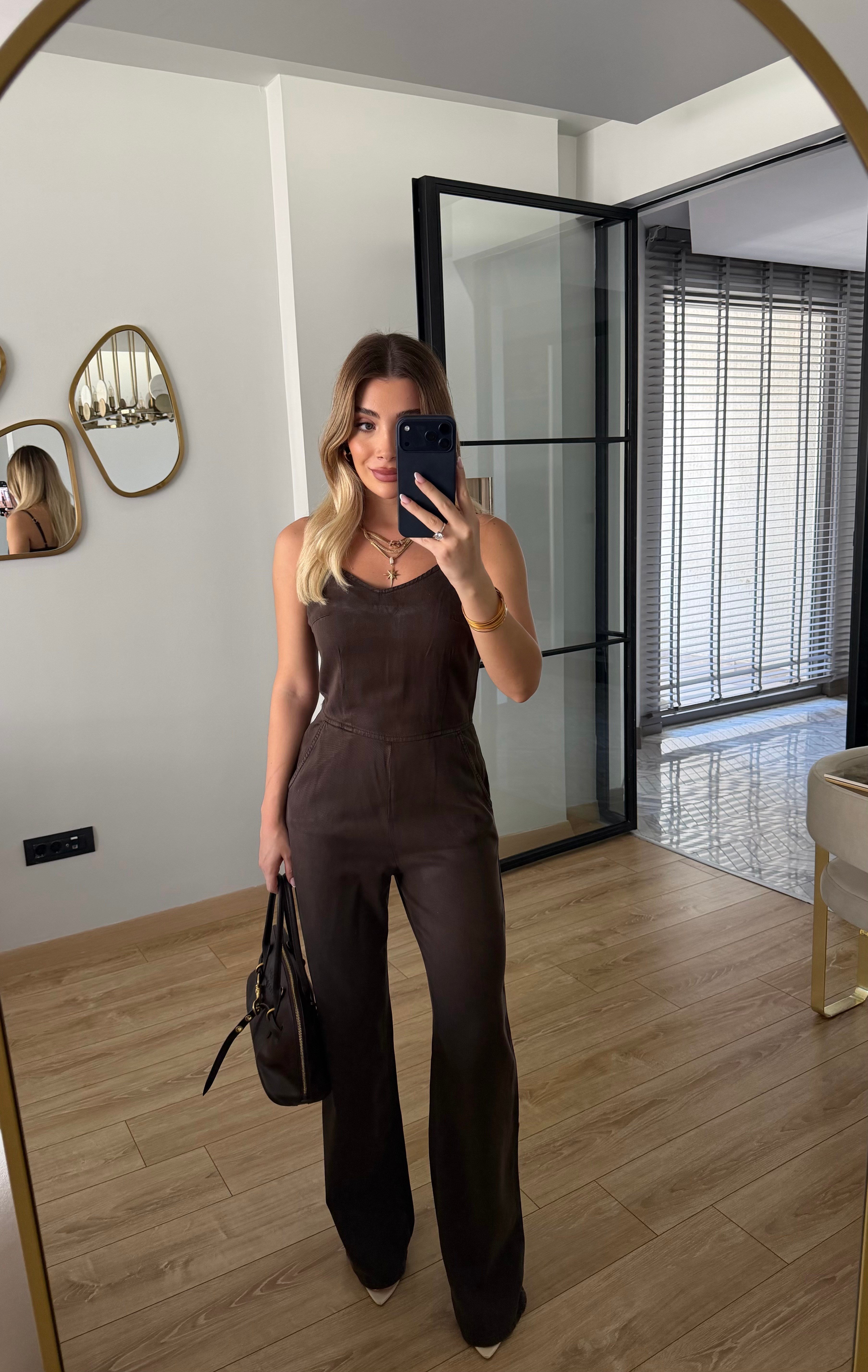 Kahverengi İnce Askılı Lyocell Tulum - 72024