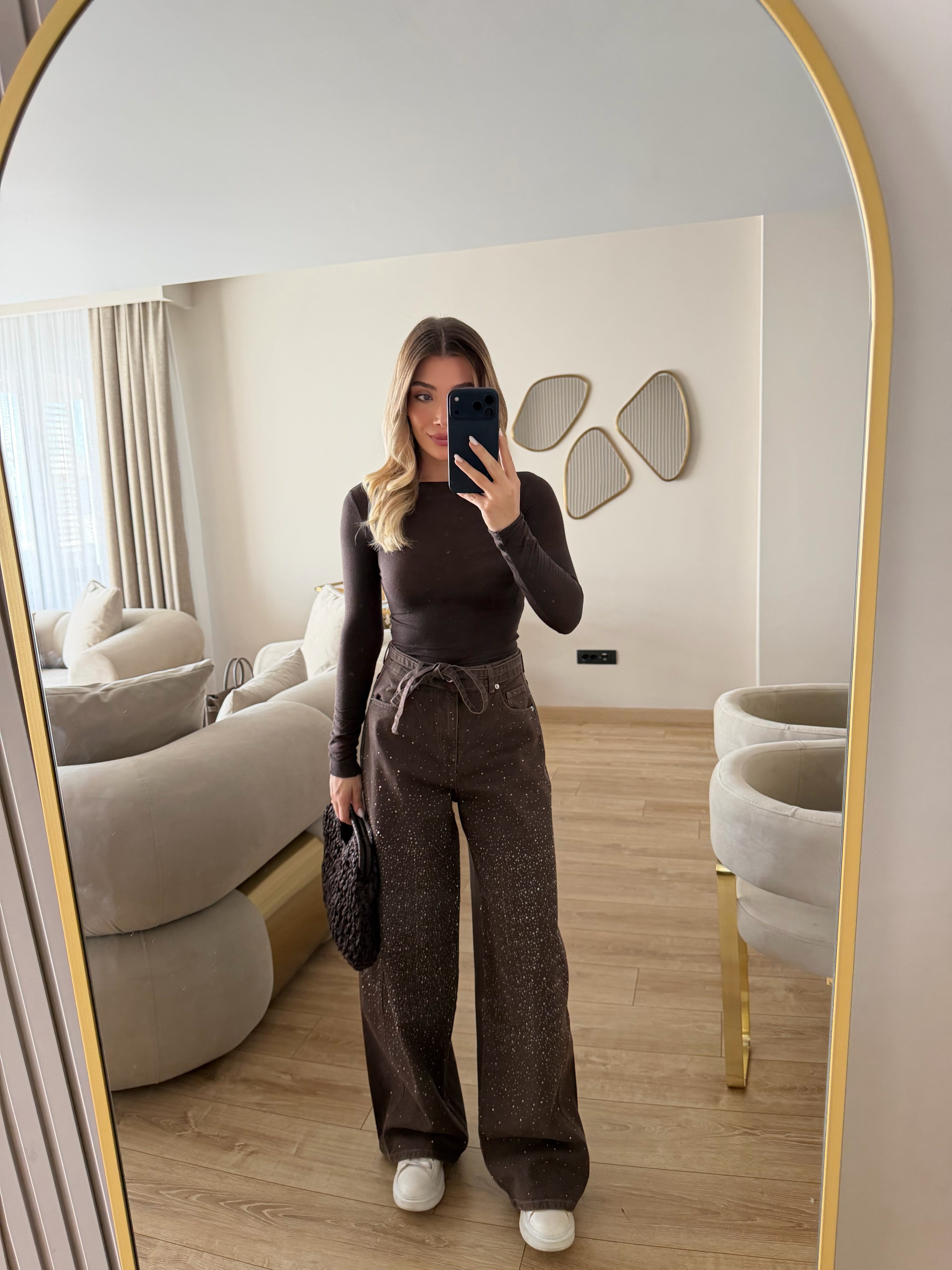 Kahverengi Önü Taşlı Denim Pantolon