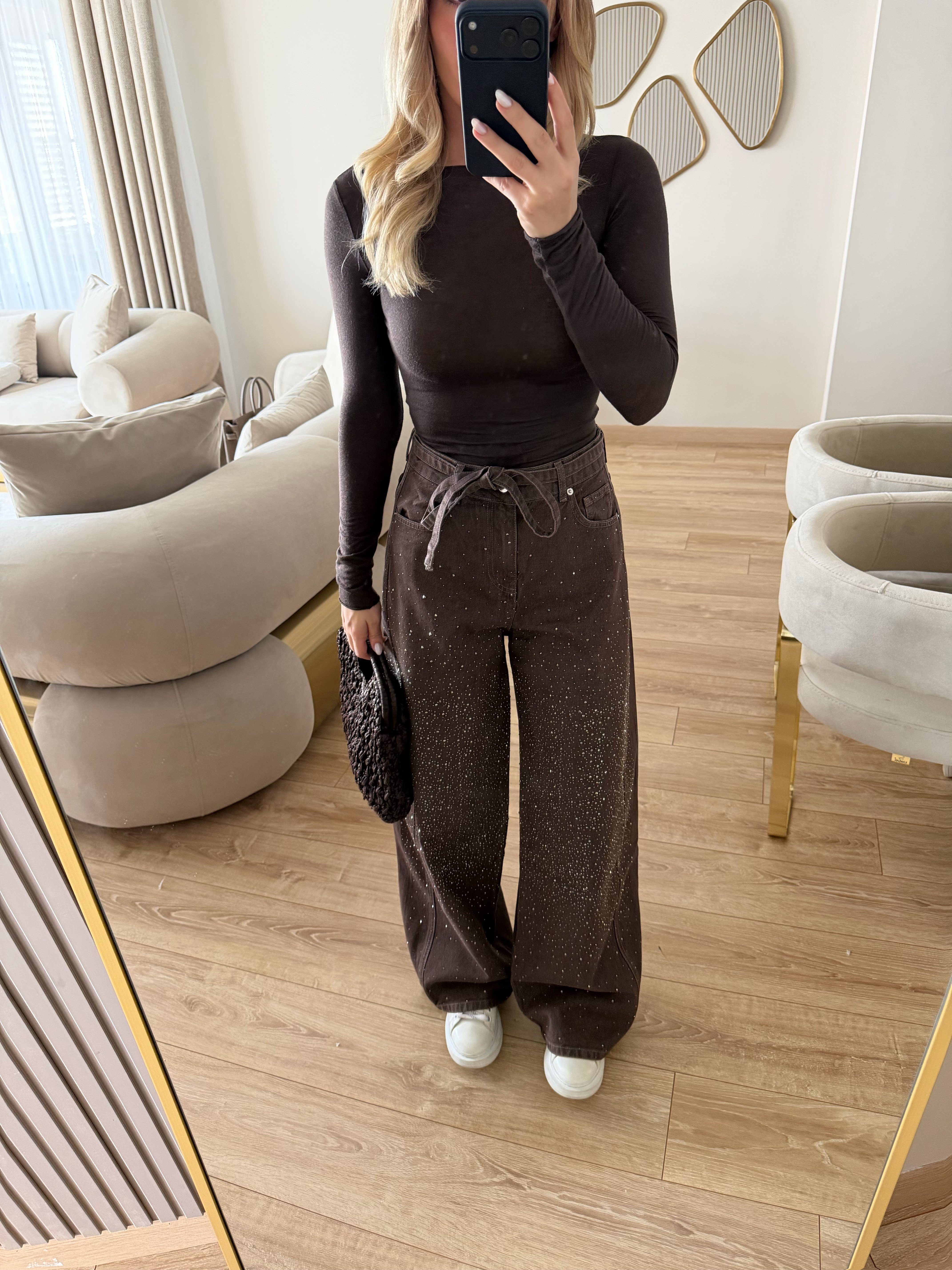 Kahverengi Önü Taşlı Denim Pantolon