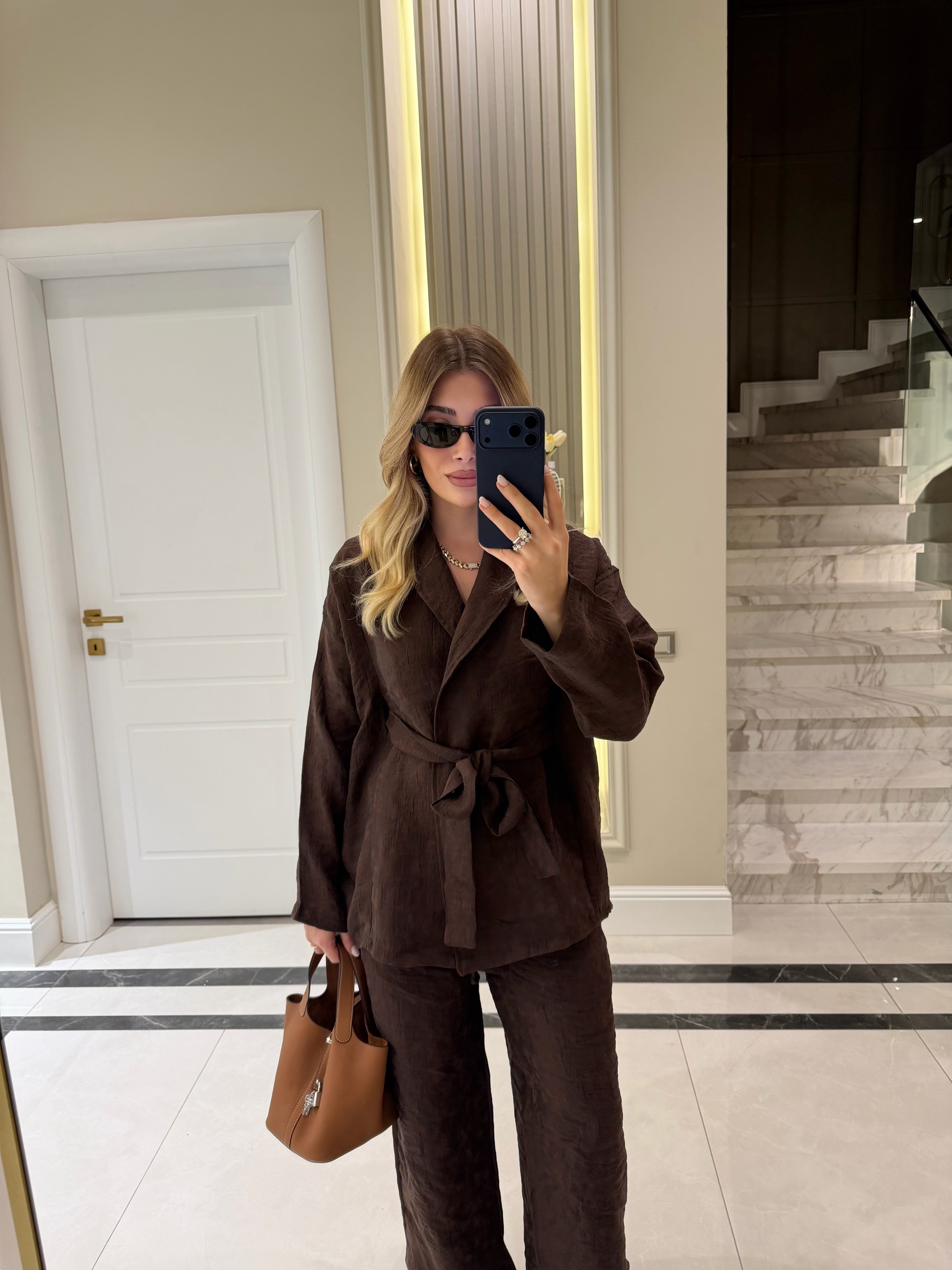 Kahverengi Şal Yaka Kimono Takım - 51100