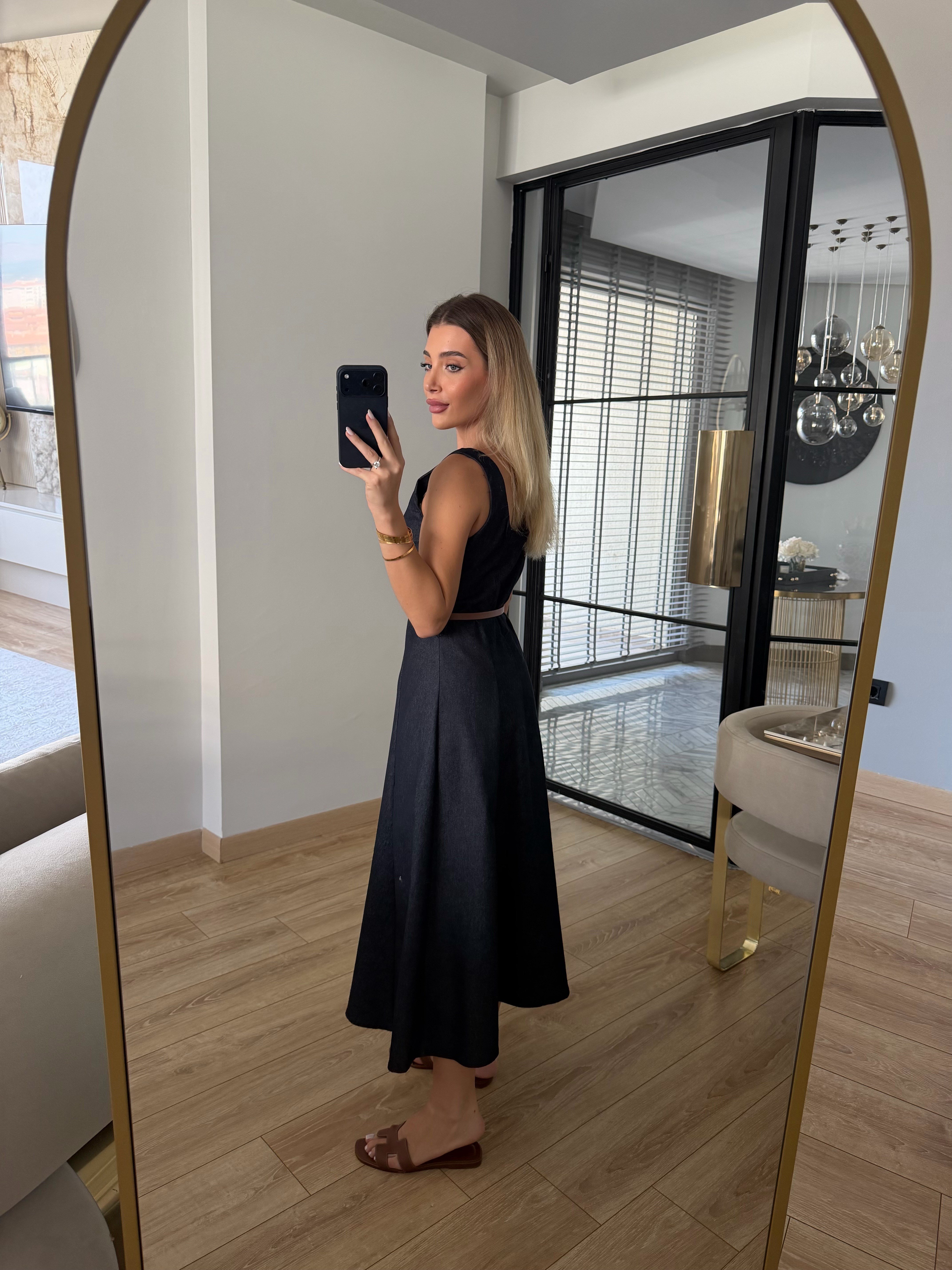 Kare Yakalı Kemerli Denim Elbise