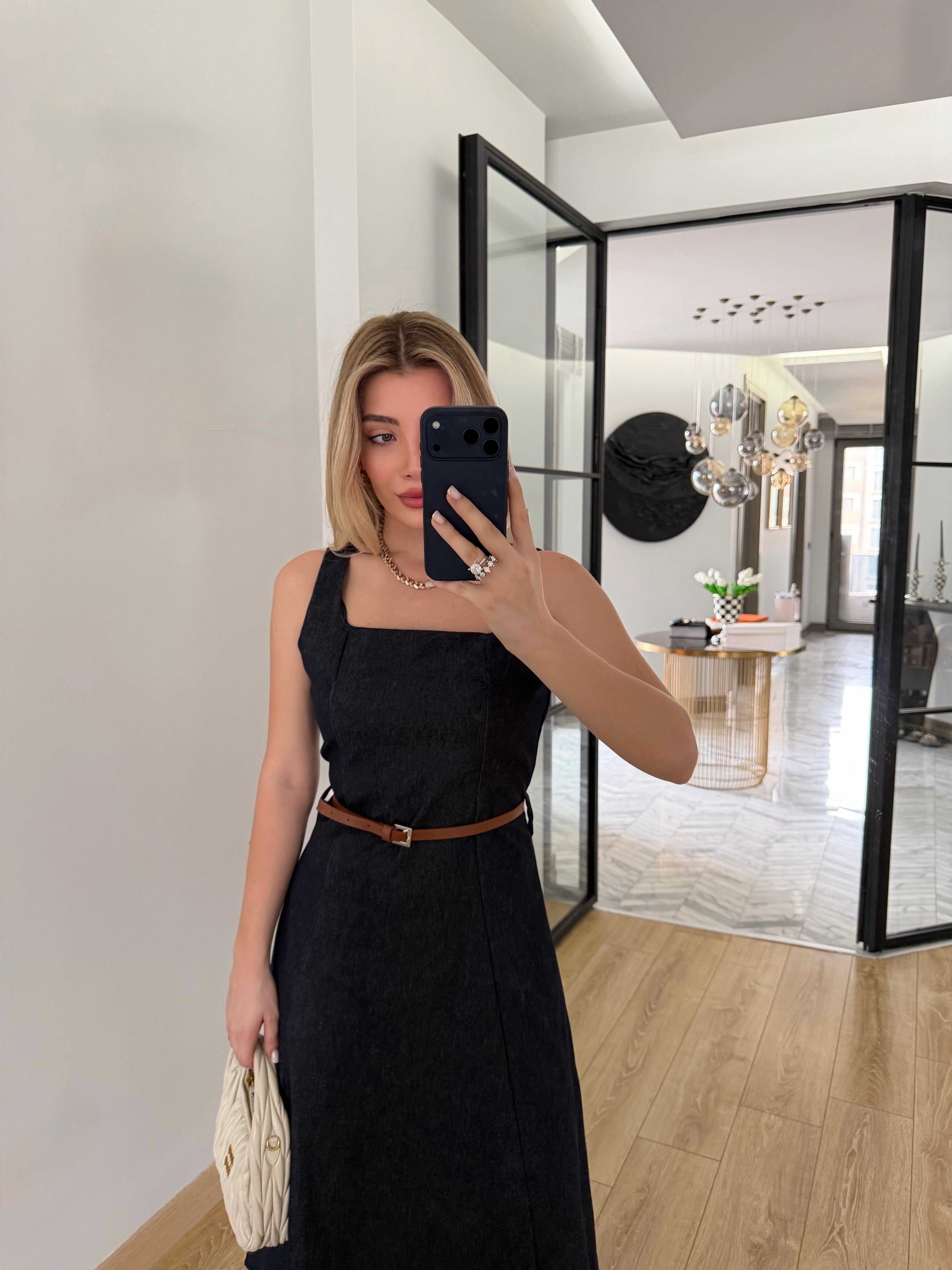 Kare Yakalı Kemerli Denim Elbise