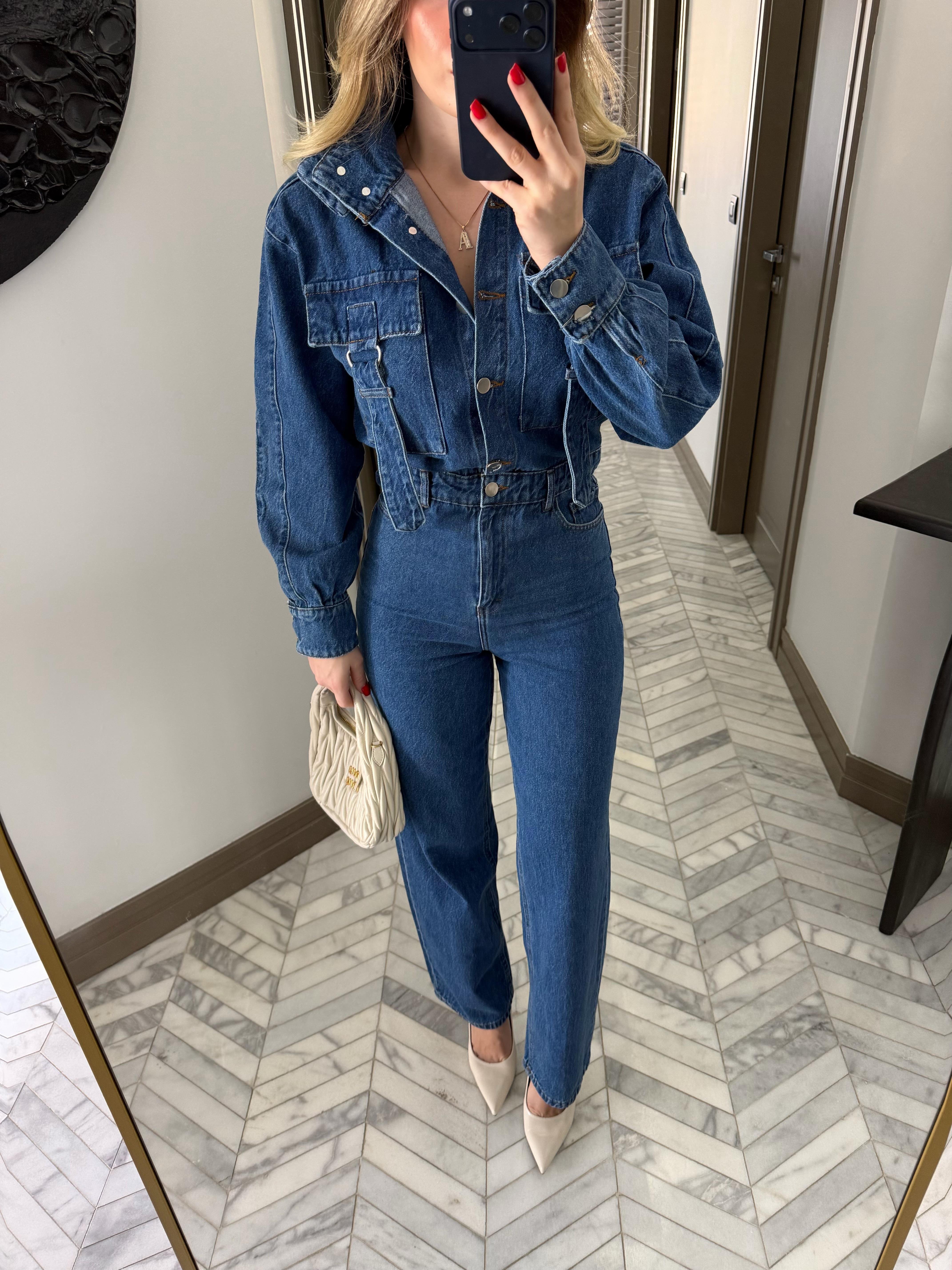 Kargo Cep Detaylı Boğaz Kuşaklı Denim Tulum-60107