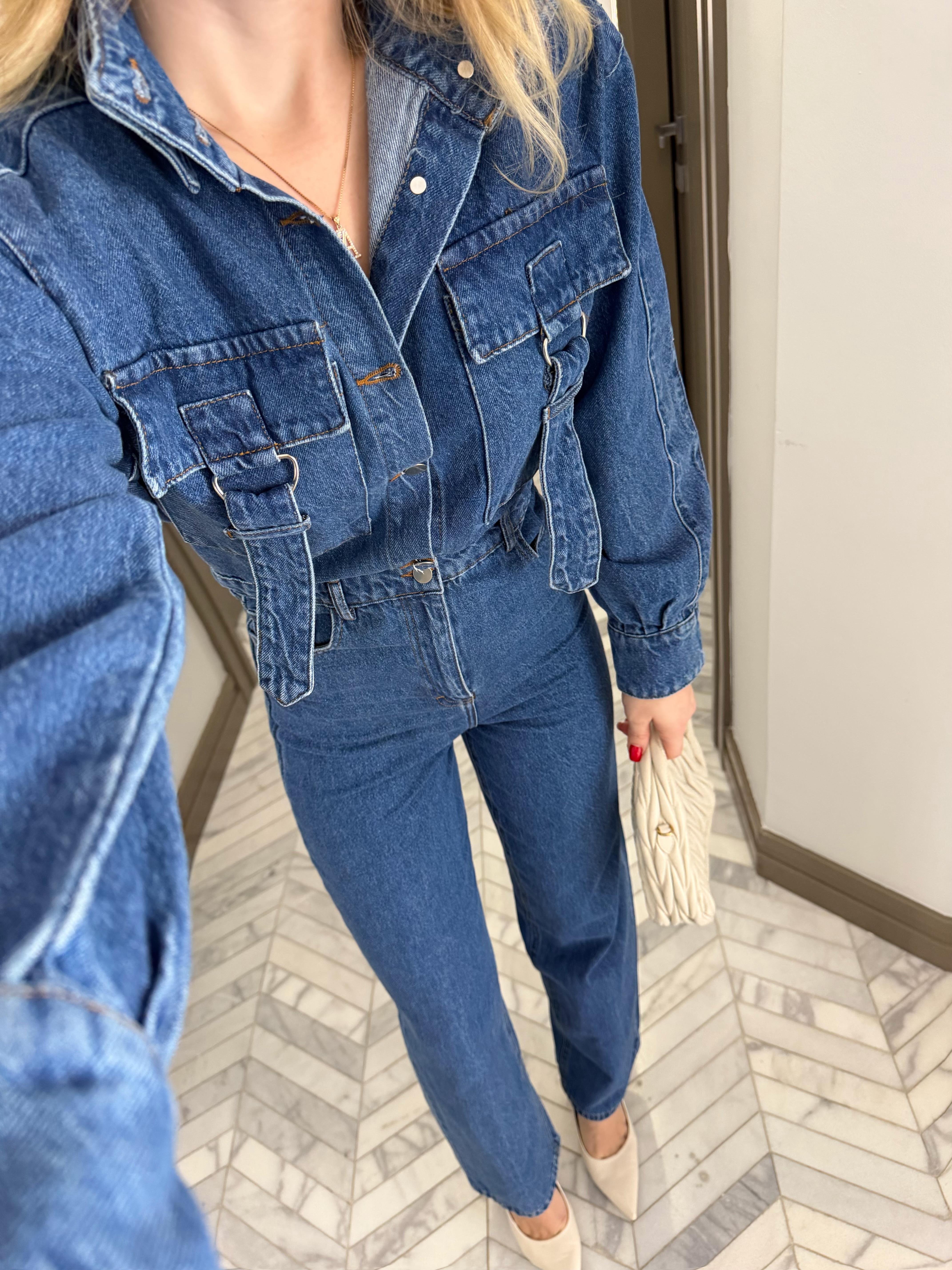 Kargo Cep Detaylı Boğaz Kuşaklı Denim Tulum-60107